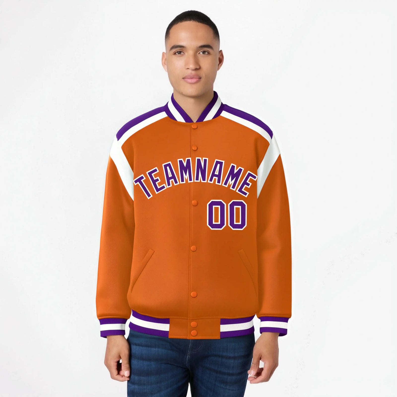 Custom Orange Purple-White Bomber Full-Snap Varsity Letterman Shoulder Stripe Jacket