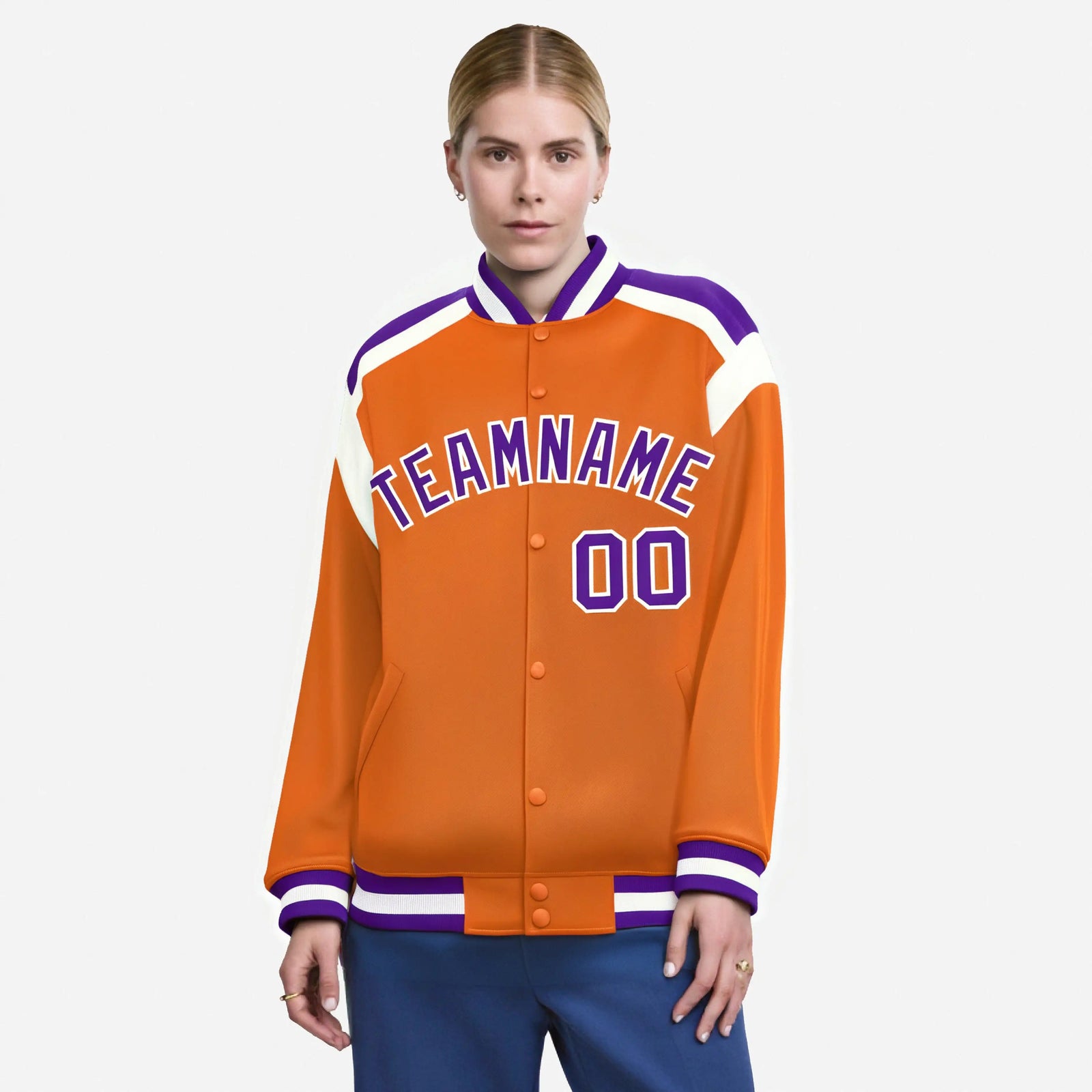 Custom Orange Purple-White Bomber Full-Snap Varsity Letterman Shoulder Stripe Jacket