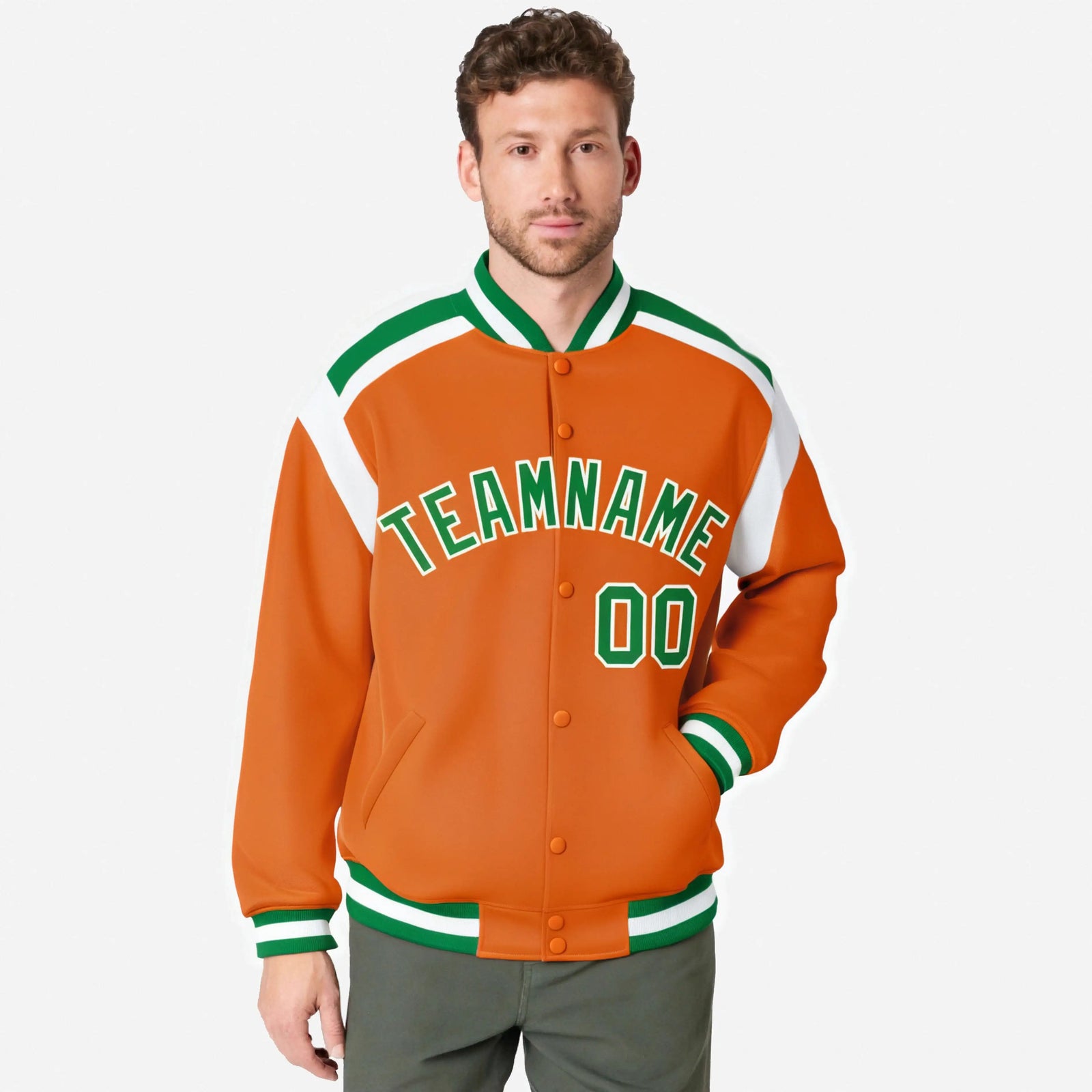 Custom Orange Green-White Bomber Full-Snap Varsity Letterman Shoulder Stripe Jacket