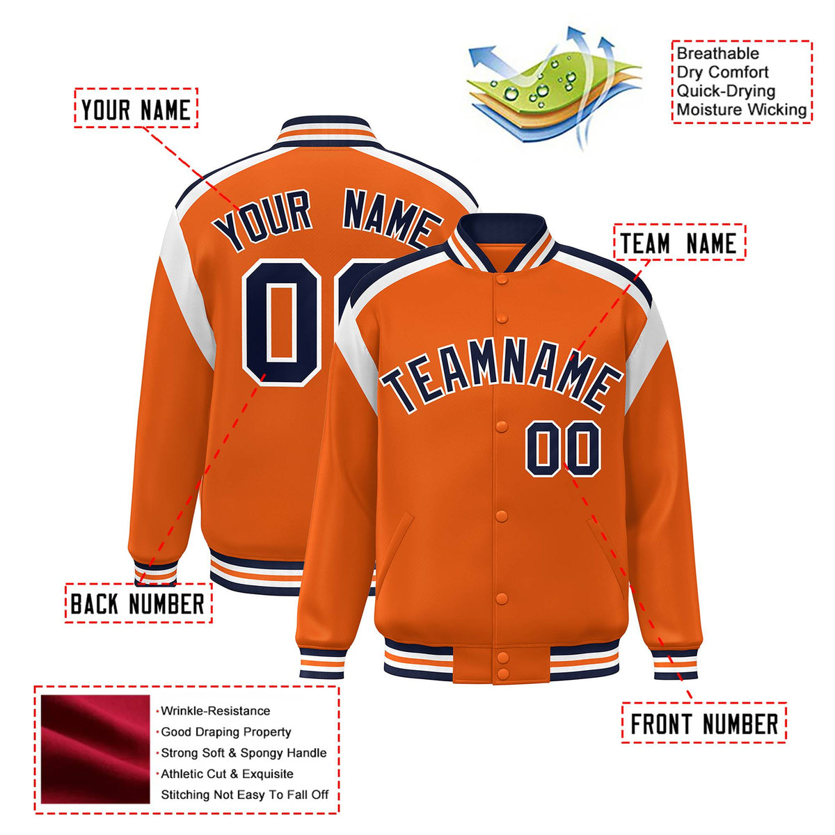 Custom Orange Navy-White Bomber Full-Snap Varsity Letterman Shoulder Stripe Jacket