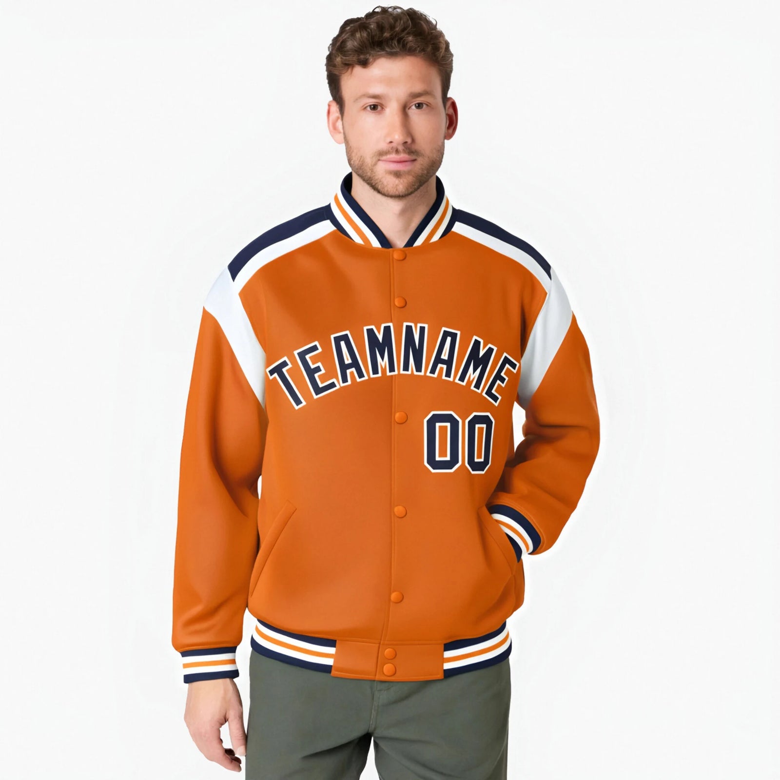 Custom Orange Navy-White Bomber Full-Snap Varsity Letterman Shoulder Stripe Jacket