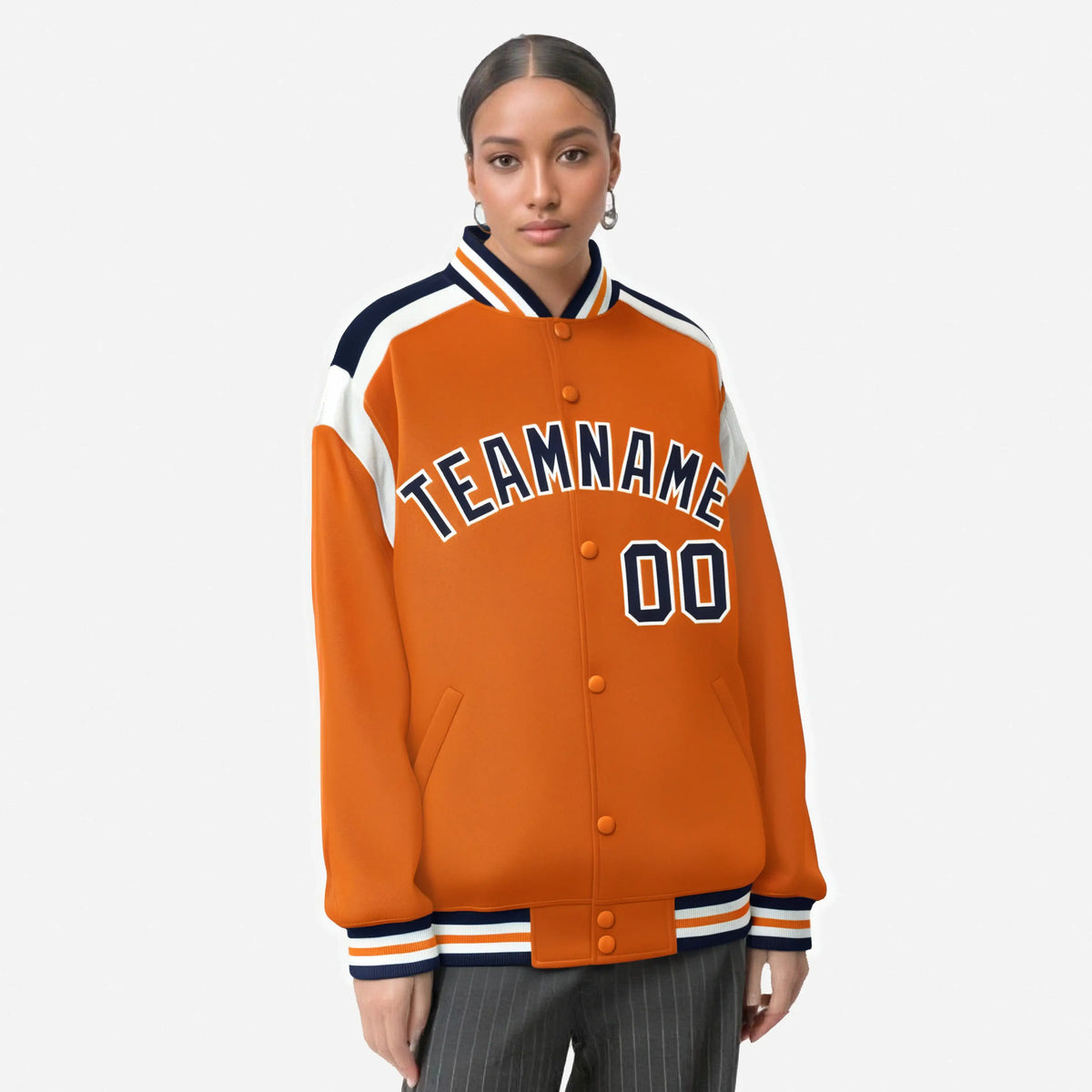 Custom Orange Navy-White Bomber Full-Snap Varsity Letterman Shoulder Stripe Jacket