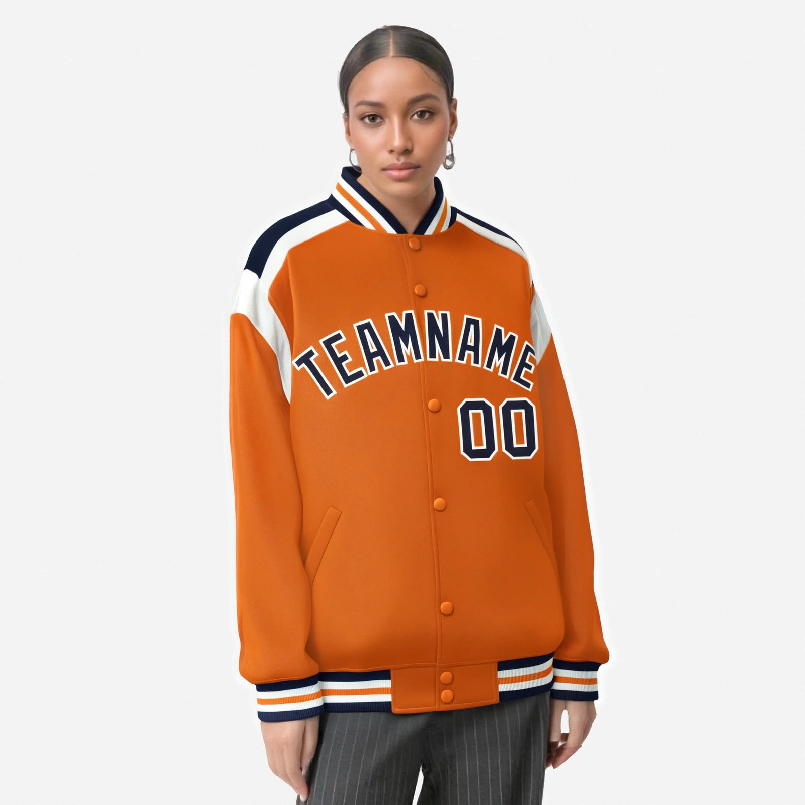 Custom Orange Navy-White Bomber Full-Snap Varsity Letterman Shoulder Stripe Jacket