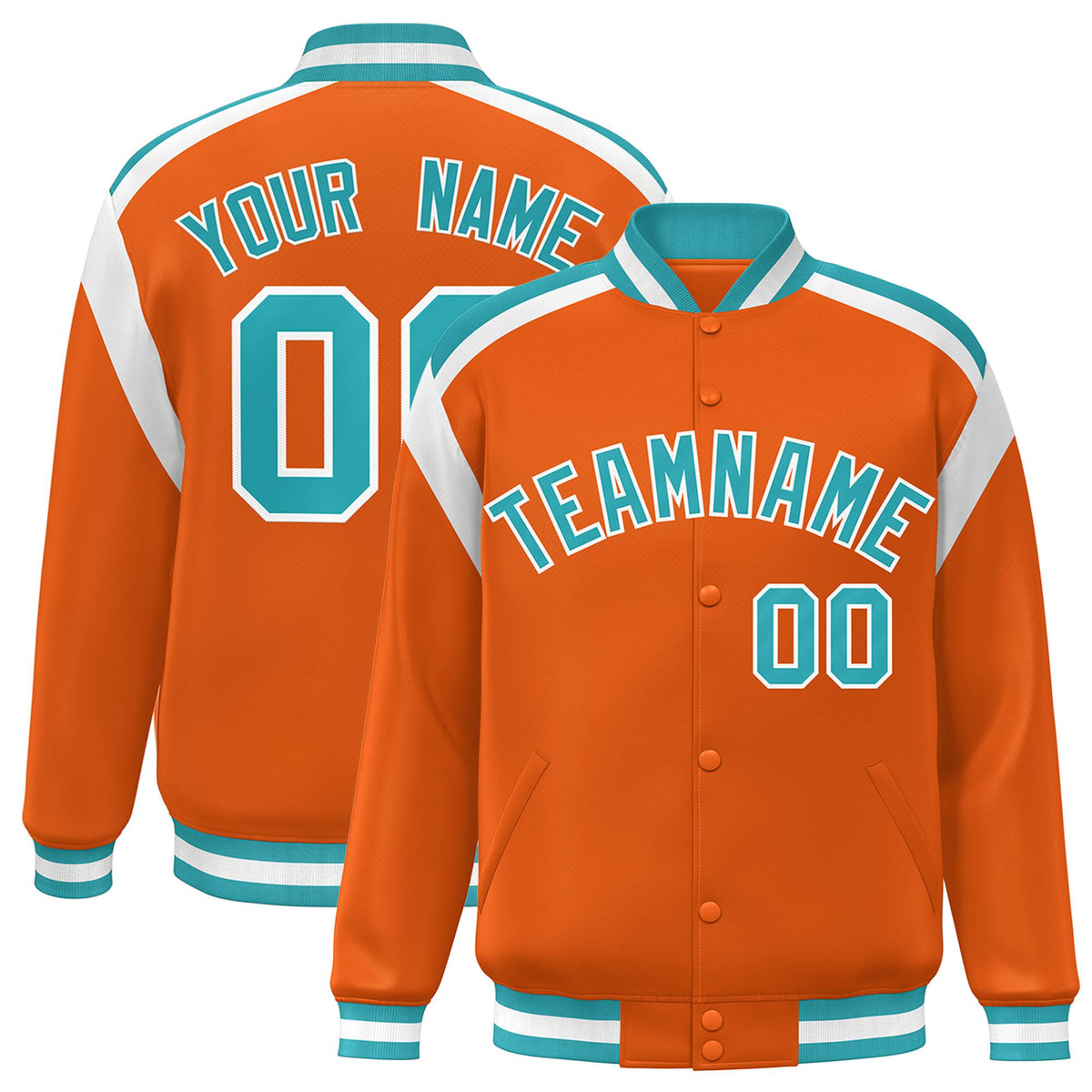 Custom Orange Aqua-White Bomber Full-Snap Varsity Letterman Shoulder Stripe Jacket