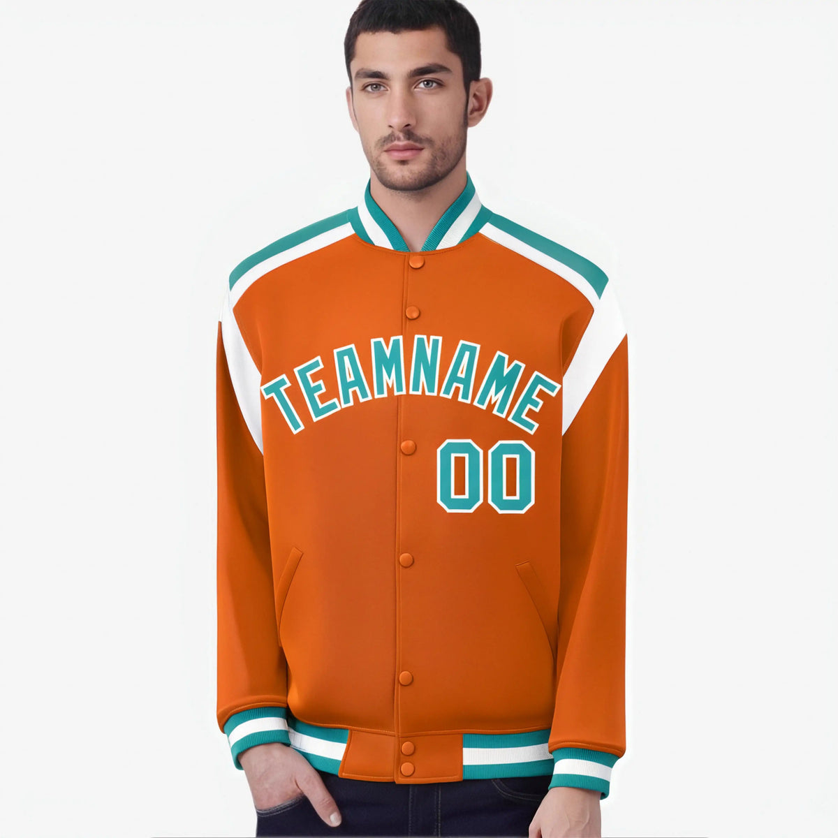 Custom Orange Aqua-White Bomber Full-Snap Varsity Letterman Shoulder Stripe Jacket
