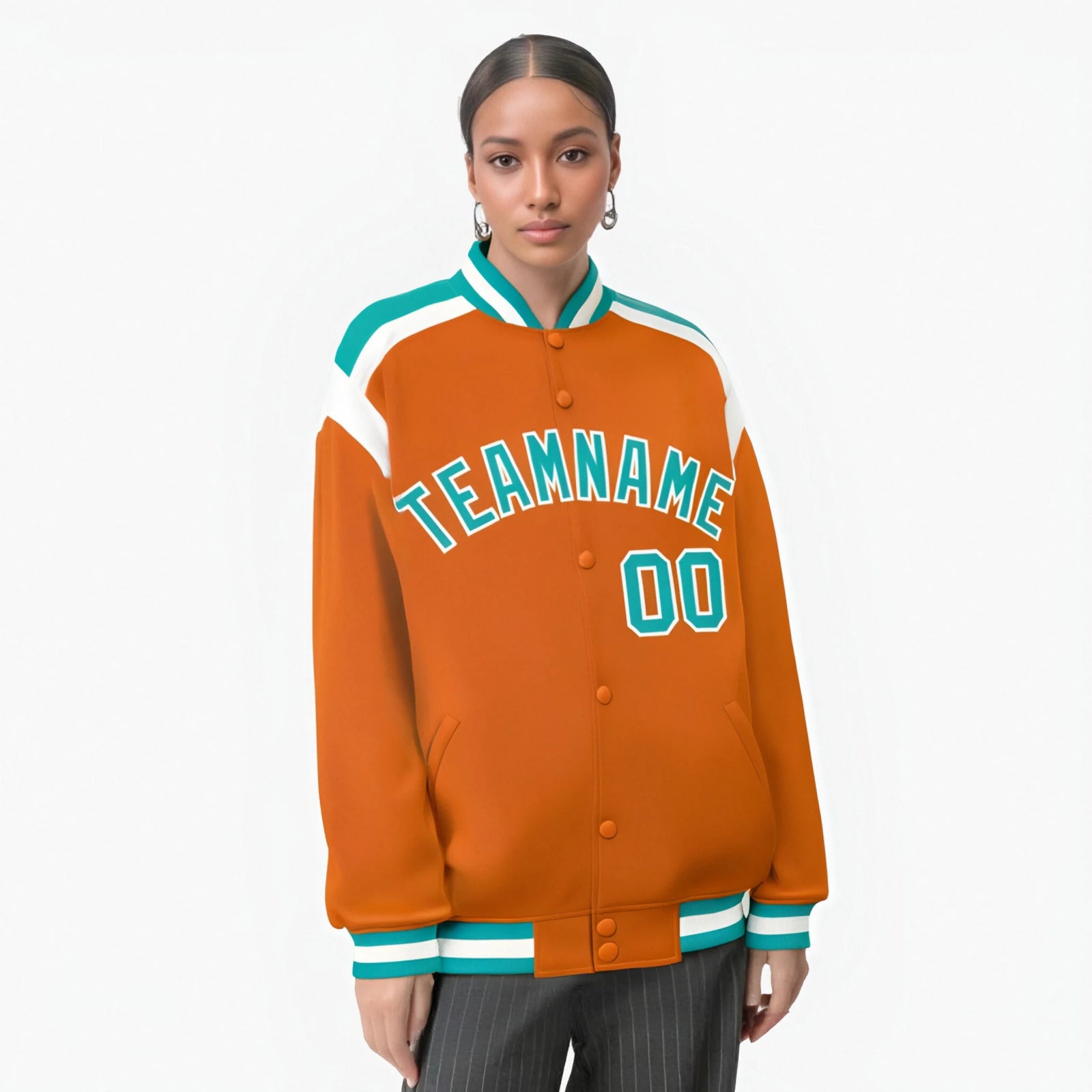 Custom Orange Aqua-White Bomber Full-Snap Varsity Letterman Shoulder Stripe Jacket
