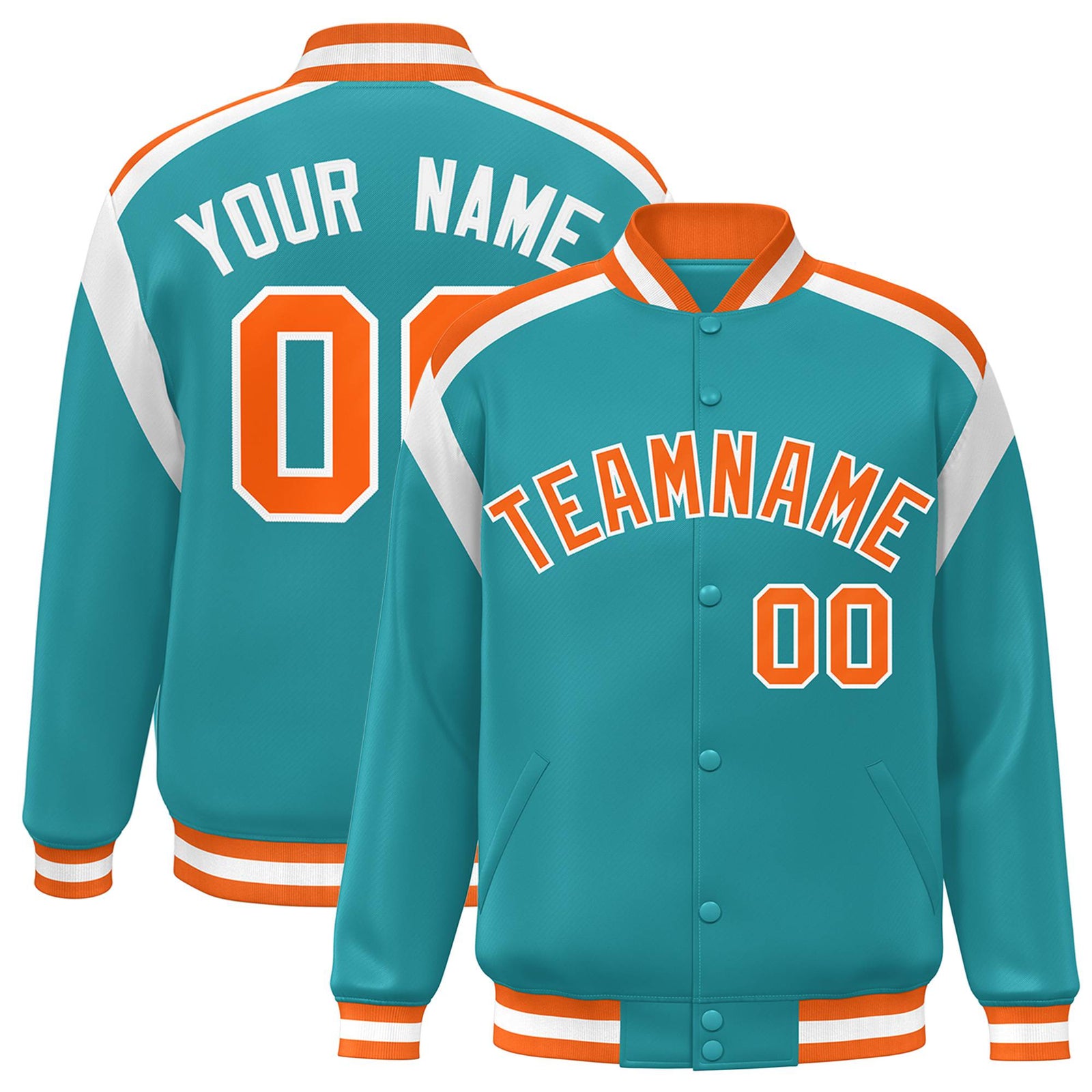 Custom Aqua Orange-White Bomber Full-Snap Varsity Letterman Shoulder Stripe Jacket
