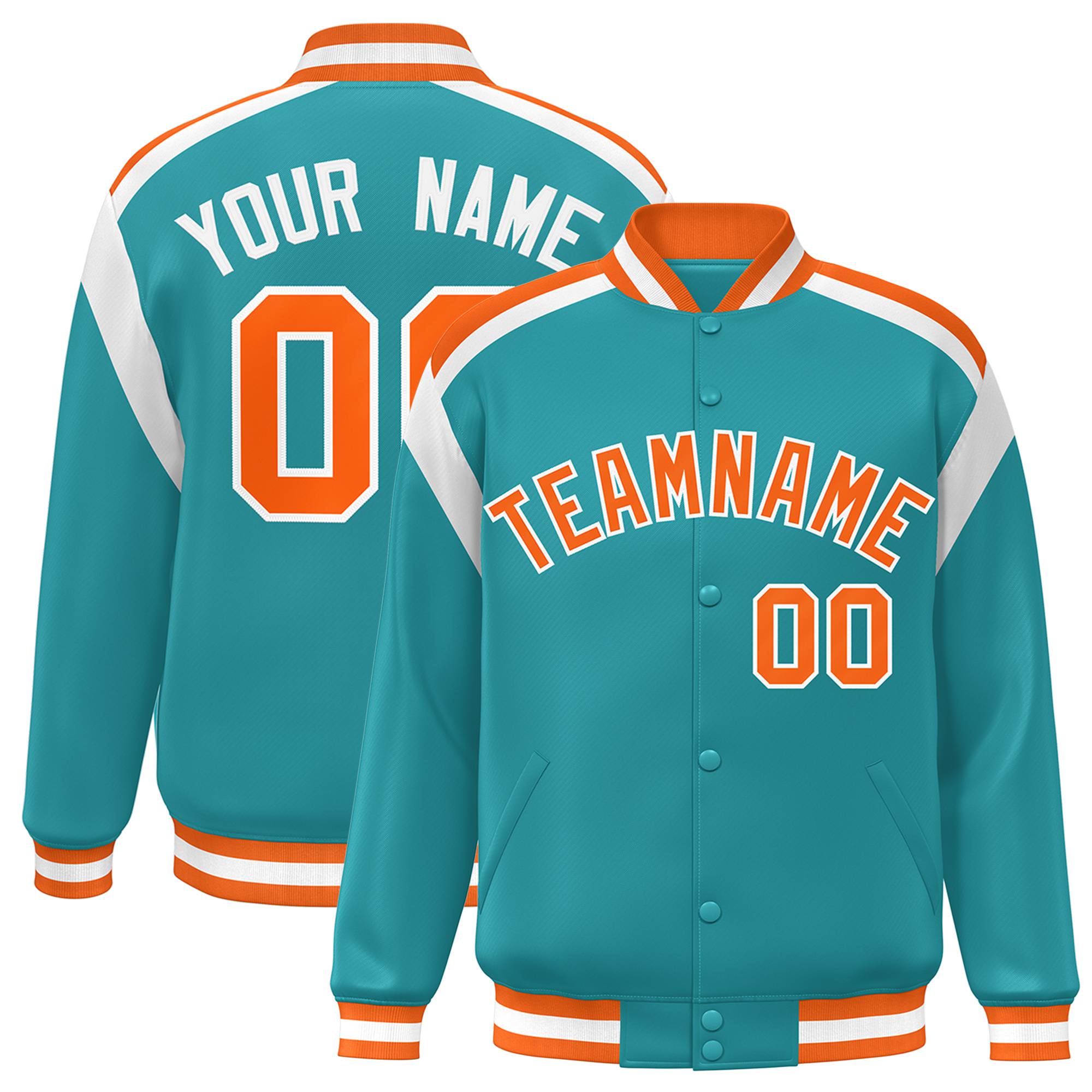 Custom Aqua Orange-White Bomber Full-Snap Varsity Letterman Shoulder Stripe Jacket