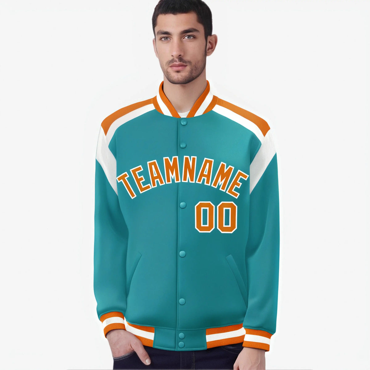 Custom Aqua Orange-White Bomber Full-Snap Varsity Letterman Shoulder Stripe Jacket