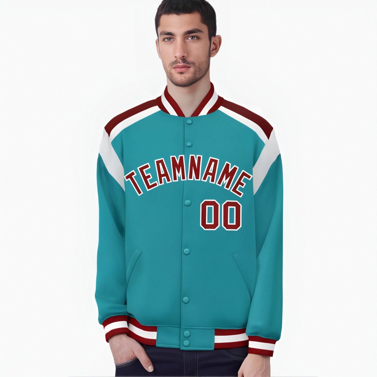 Custom Aqua Red-White Bomber Full-Snap Varsity Letterman Shoulder Stripe Jacket
