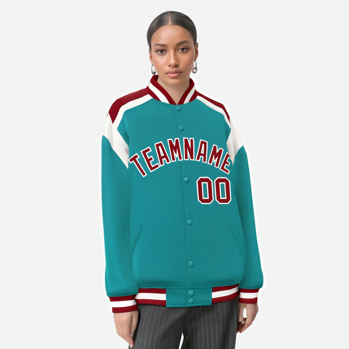 Custom Aqua Red-White Bomber Full-Snap Varsity Letterman Shoulder Stripe Jacket
