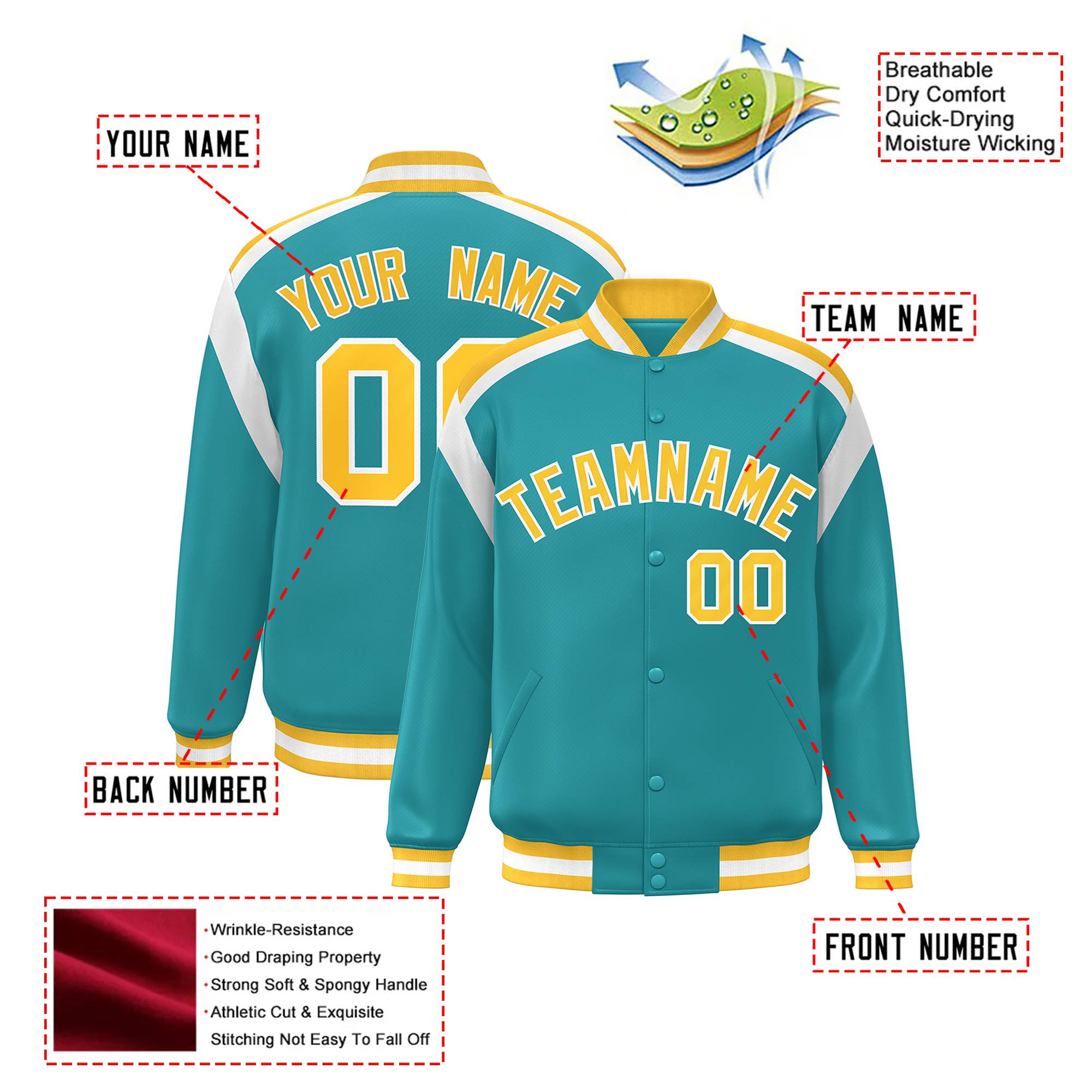 Custom Aqua Yellow-White Bomber Full-Snap Varsity Letterman Shoulder Stripe Jacket