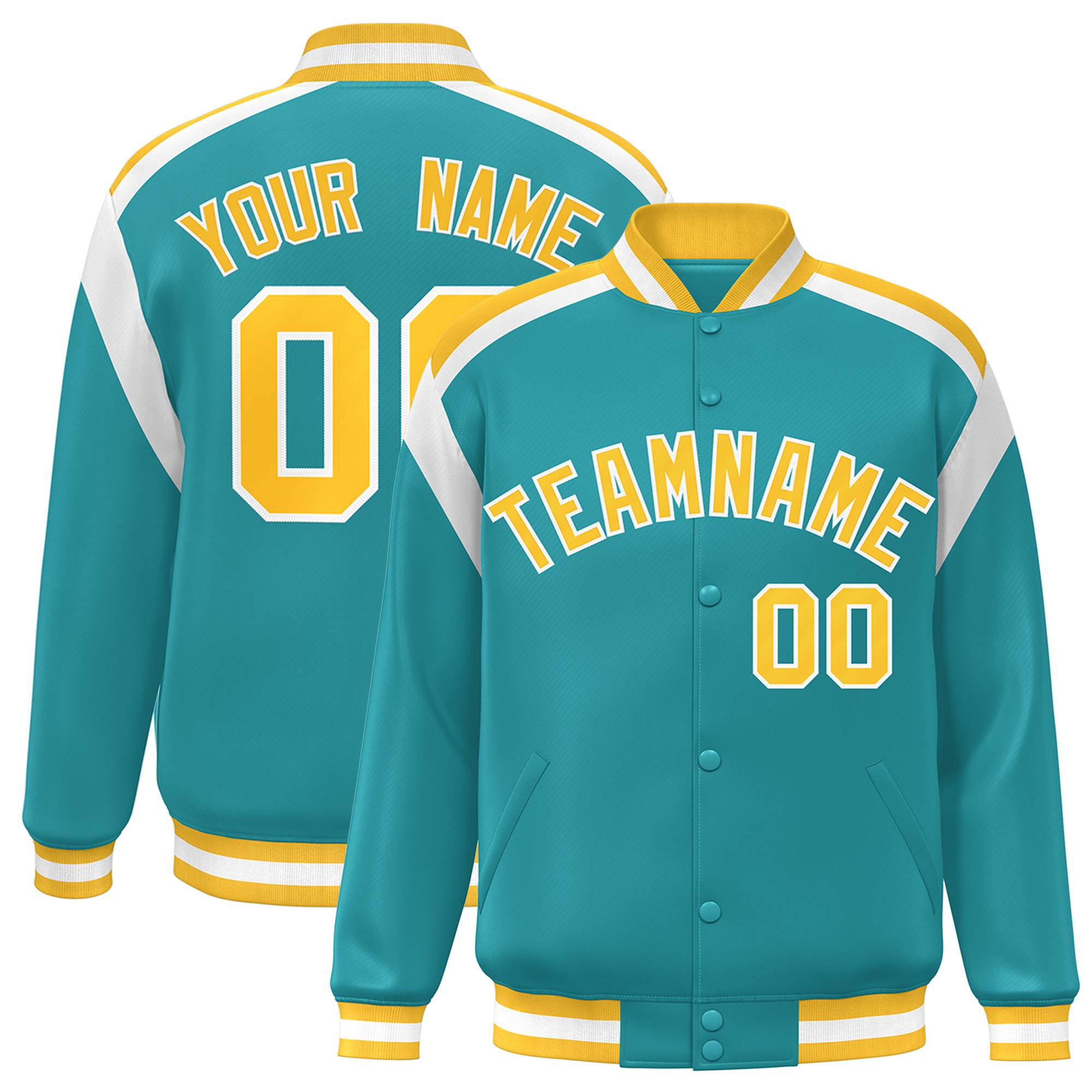 Custom Aqua Yellow-White Bomber Full-Snap Varsity Letterman Shoulder Stripe Jacket