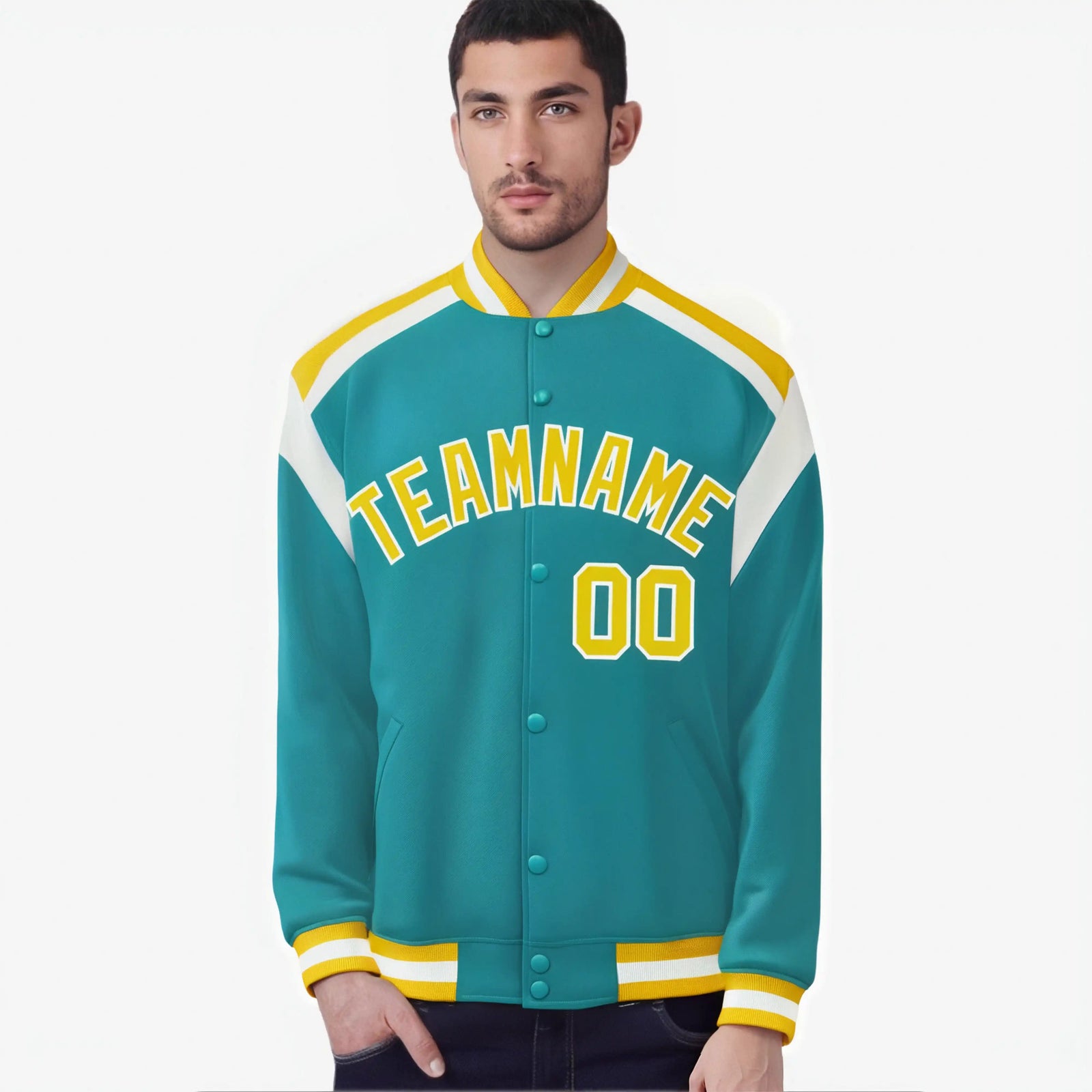 Custom Aqua Yellow-White Bomber Full-Snap Varsity Letterman Shoulder Stripe Jacket