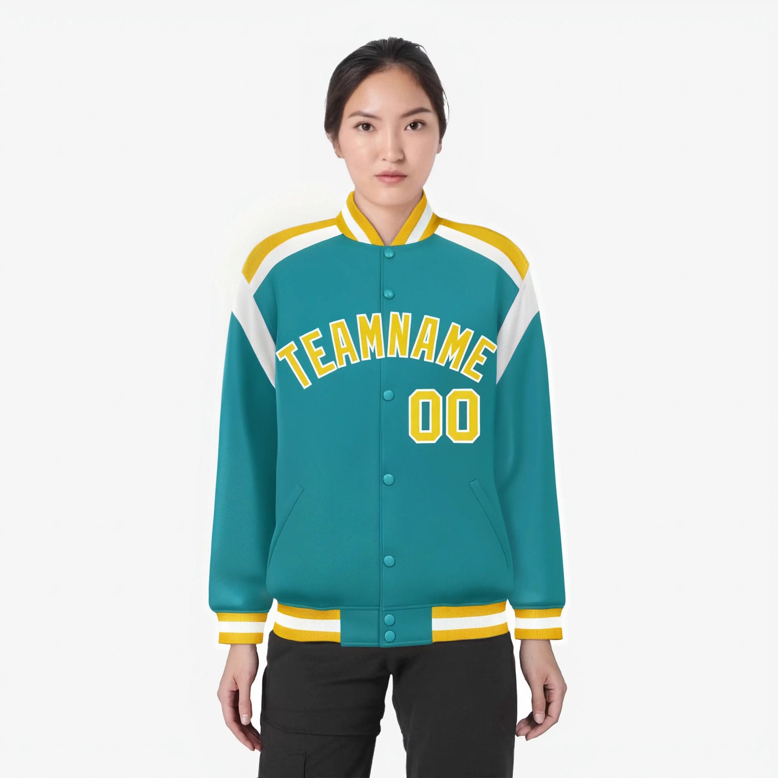 Custom Aqua Yellow-White Bomber Full-Snap Varsity Letterman Shoulder Stripe Jacket