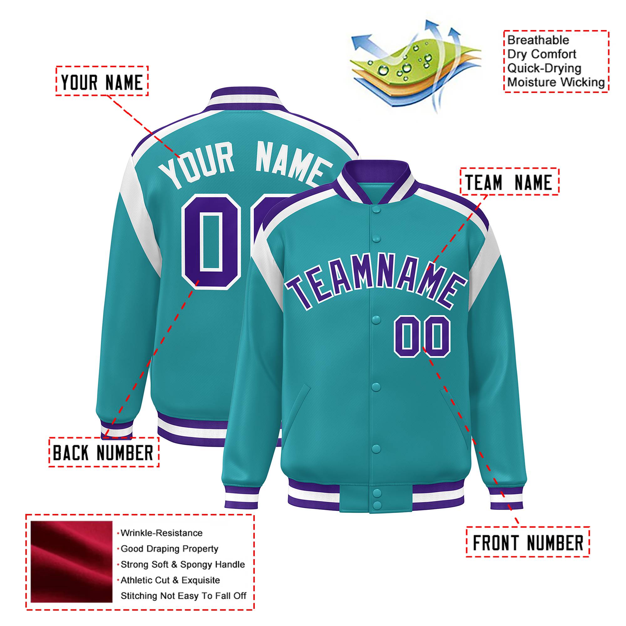 Custom Aqua Purple-White Bomber Full-Snap Varsity Letterman Shoulder Stripe Jacket