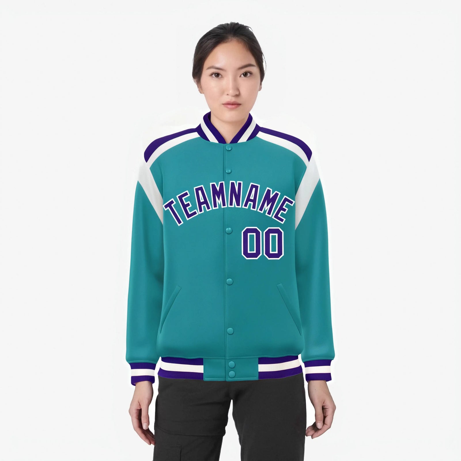 Custom Aqua Purple-White Bomber Full-Snap Varsity Letterman Shoulder Stripe Jacket