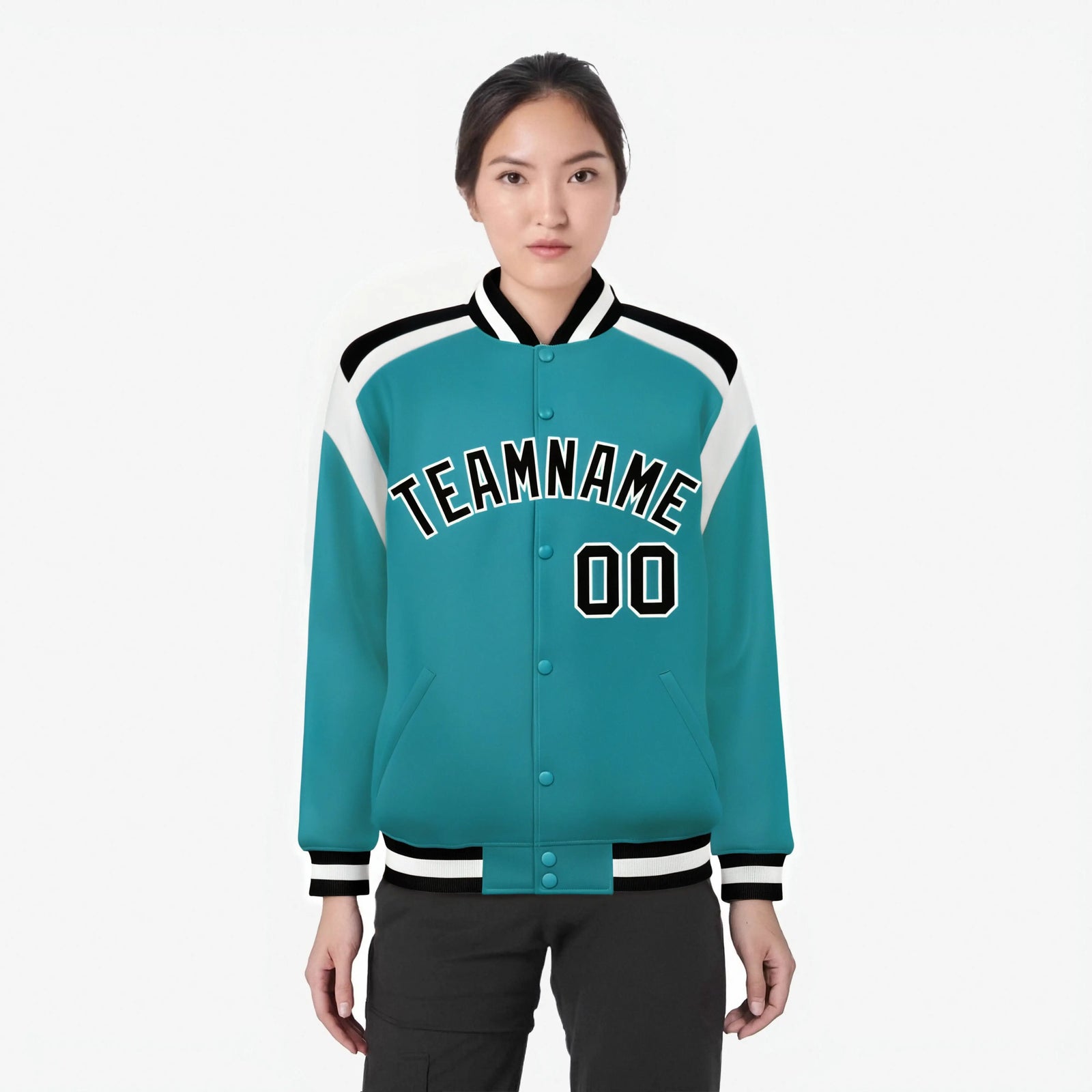 Custom Aqua Black-White Bomber Full-Snap Varsity Letterman Shoulder Stripe Jacket