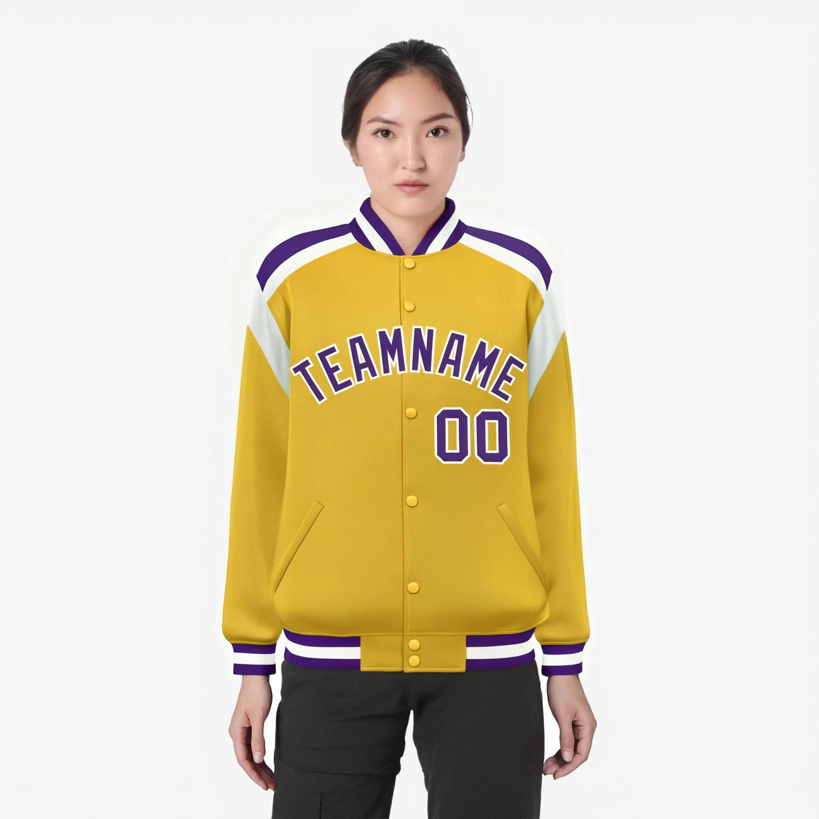 Custom Yellow Purple-White Bomber Full-Snap Varsity Letterman Shoulder Stripe Jacket