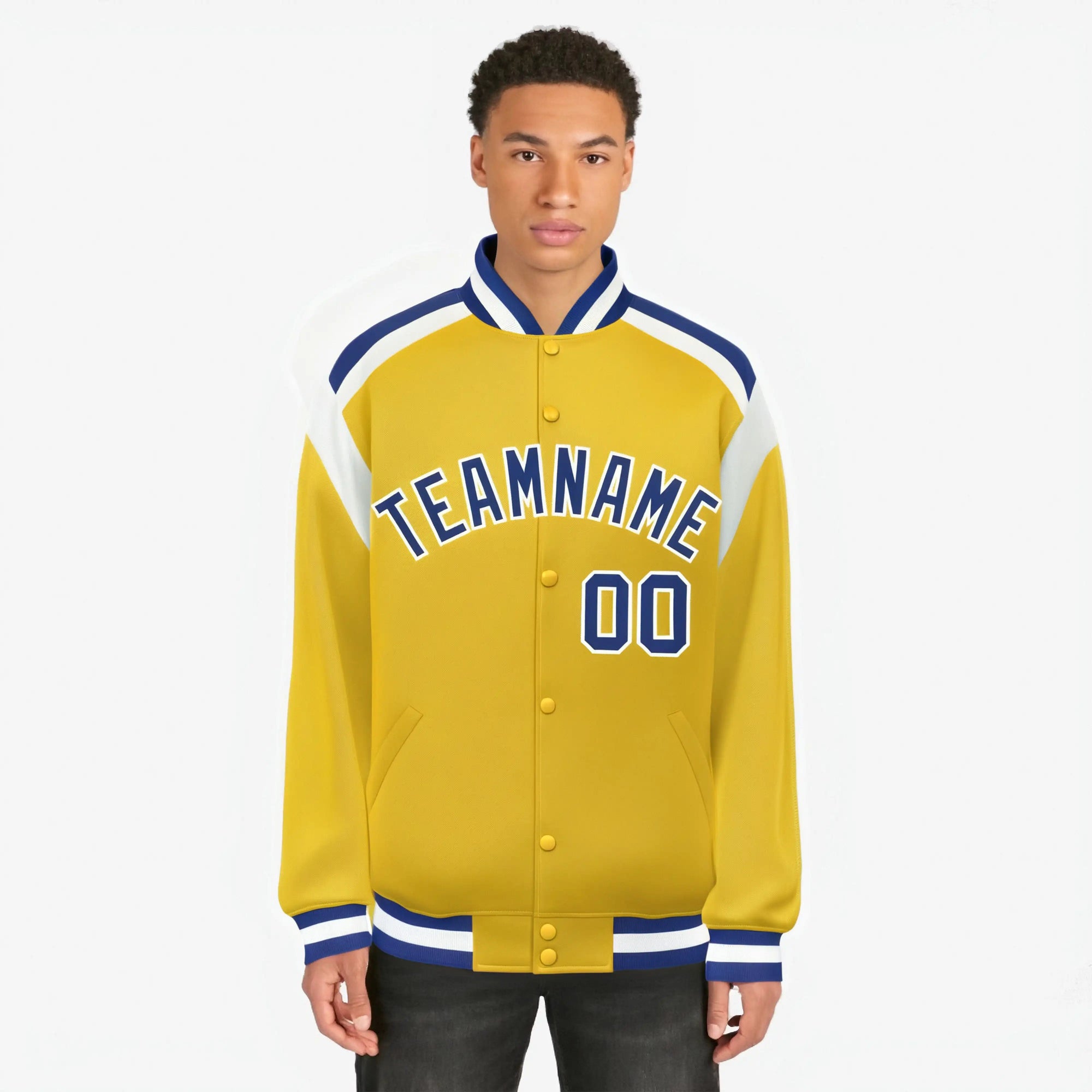 Custom Yellow Blue-White Bomber Full-Snap Varsity Letterman Shoulder Stripe Jacket