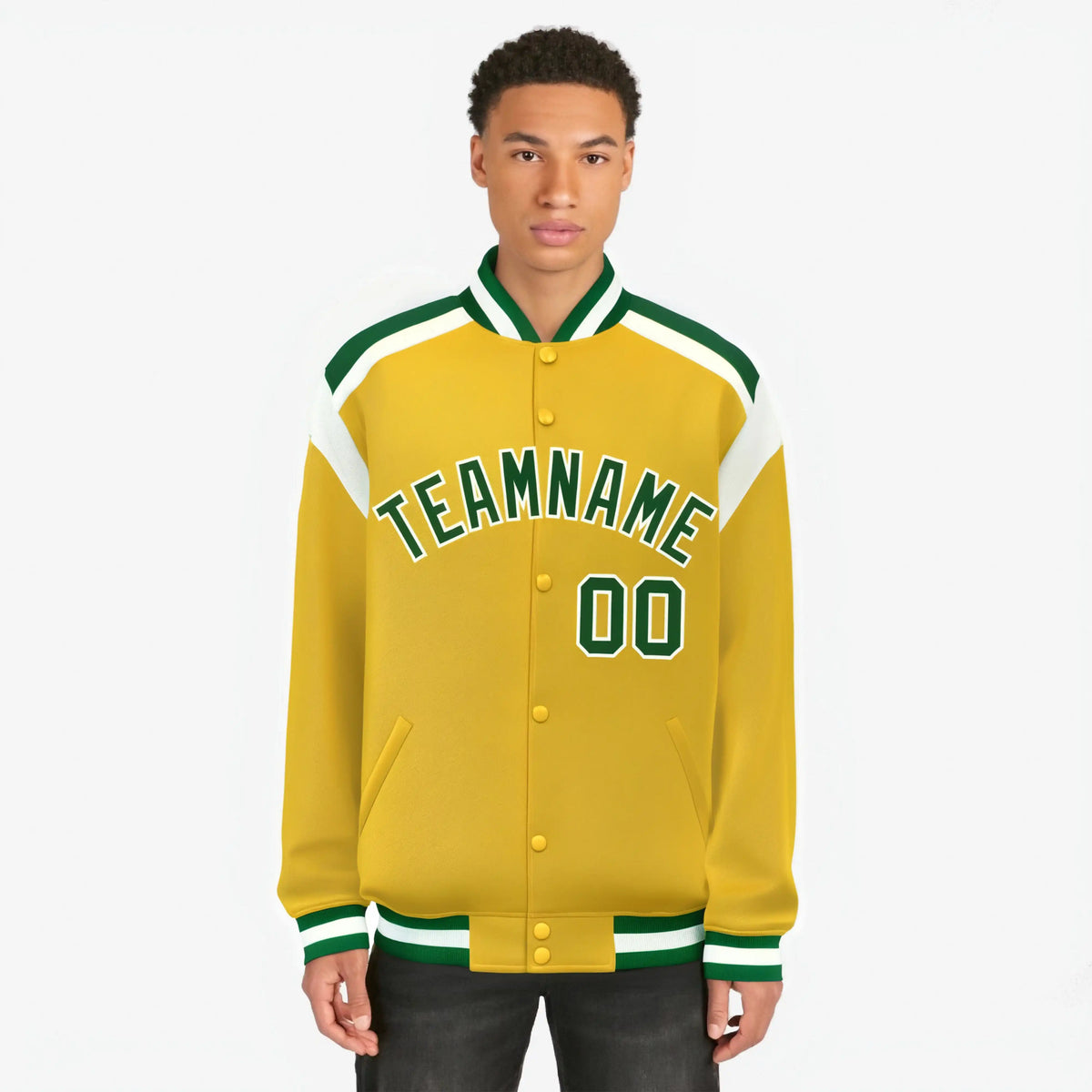 Custom Yellow Green-White Bomber Full-Snap Varsity Letterman Shoulder Stripe Jacket