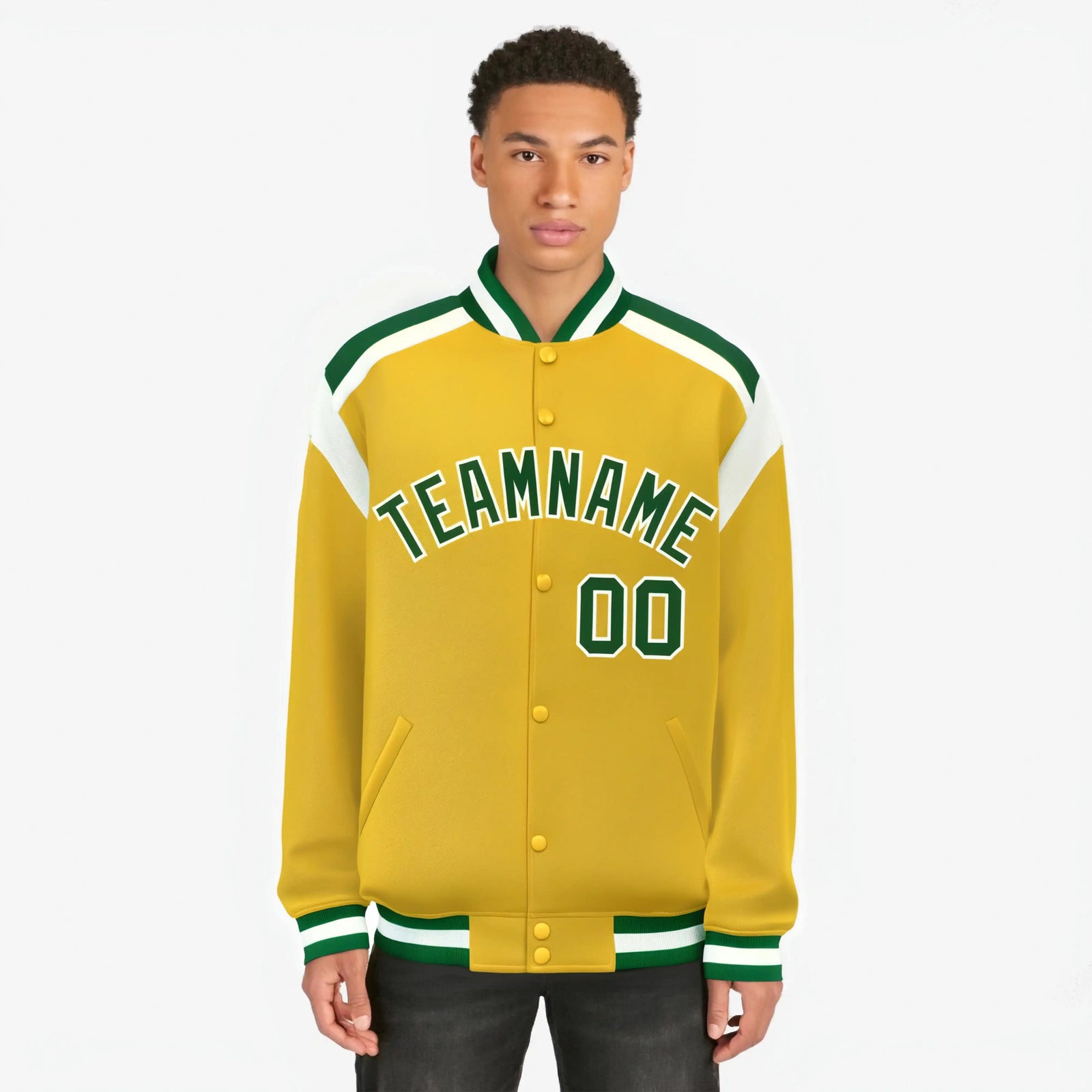 Custom Yellow Green-White Bomber Full-Snap Varsity Letterman Shoulder Stripe Jacket