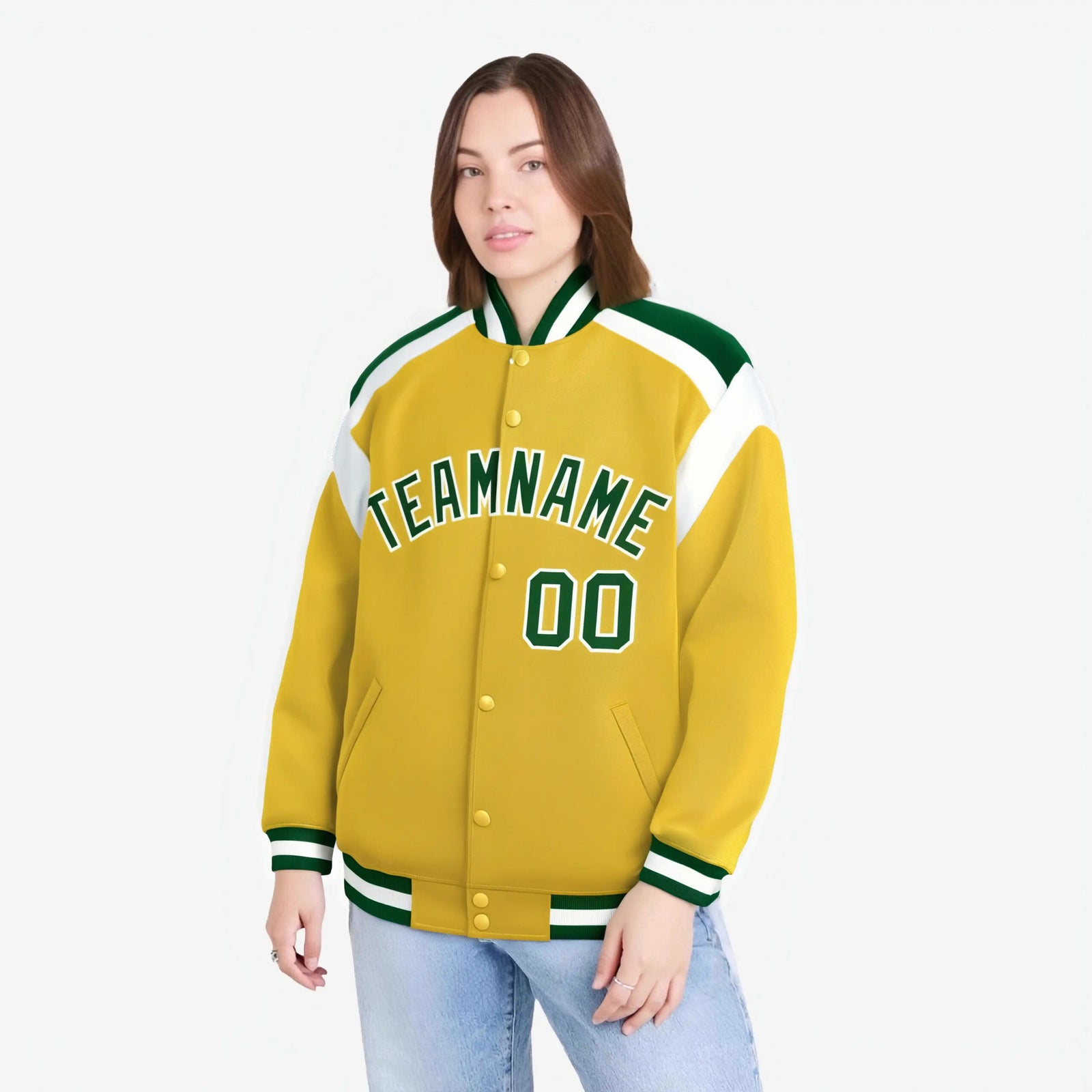 Custom Yellow Green-White Bomber Full-Snap Varsity Letterman Shoulder Stripe Jacket