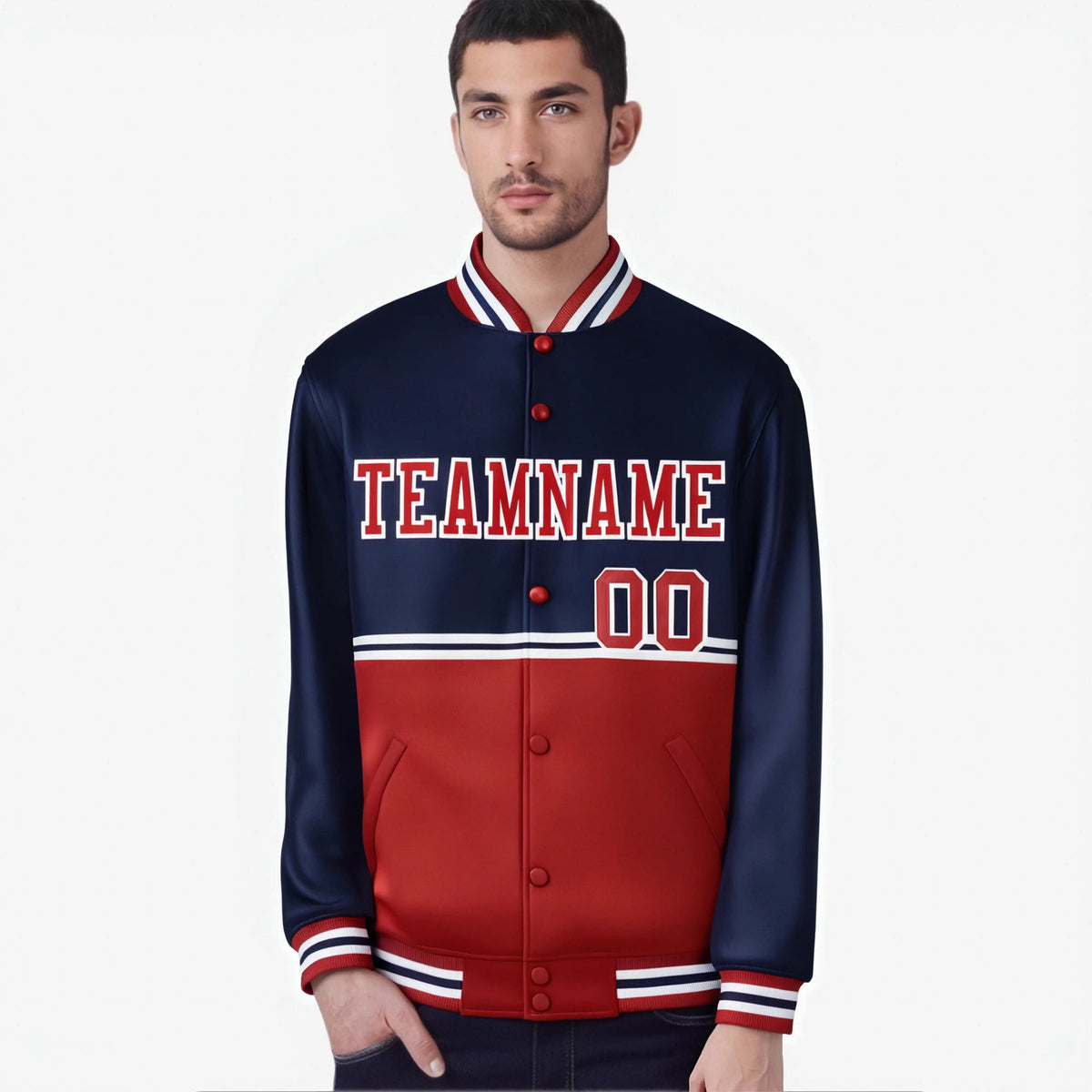 Custom Navy Red-Navy Varsity Full-Snap Letterman Color-Matching Split Fashion Jacket