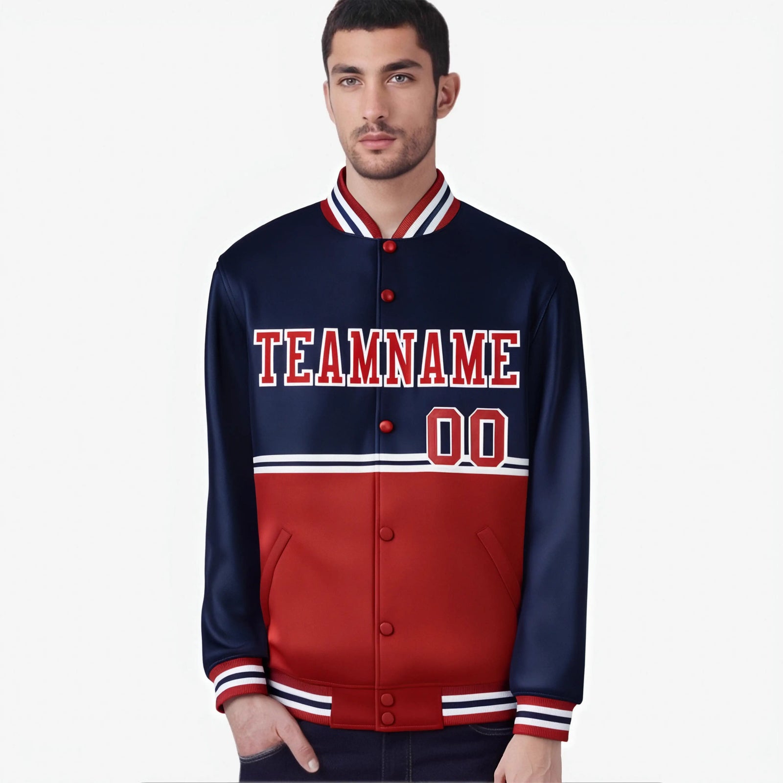 Custom Navy Red-Navy Varsity Full-Snap Letterman Color-Matching Split Fashion Jacket