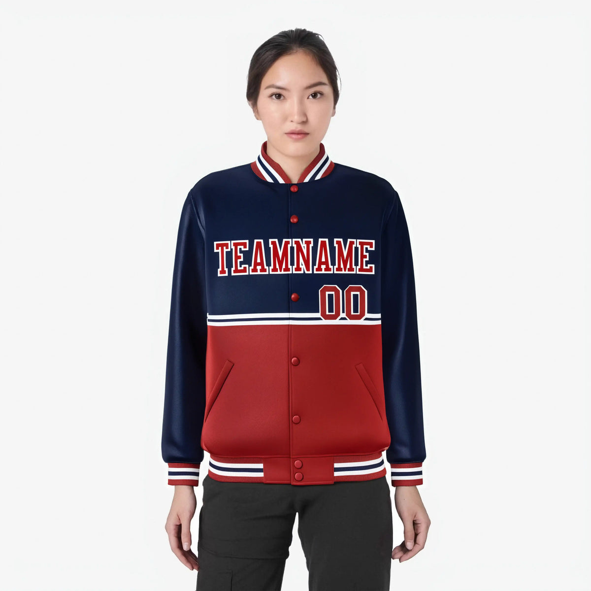 Custom Navy Red-Navy Varsity Full-Snap Letterman Color-Matching Split Fashion Jacket
