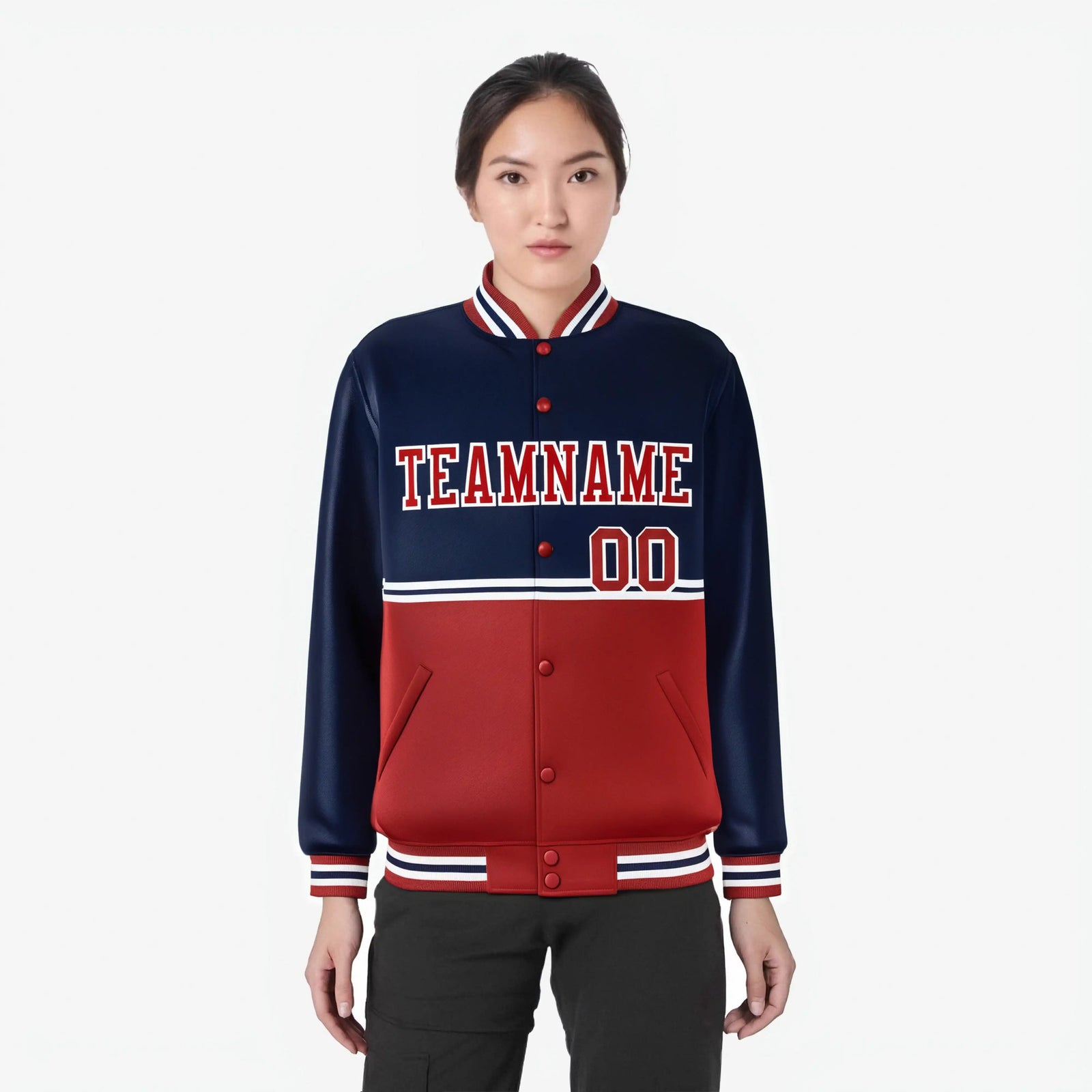Custom Navy Red-Navy Varsity Full-Snap Letterman Color-Matching Split Fashion Jacket