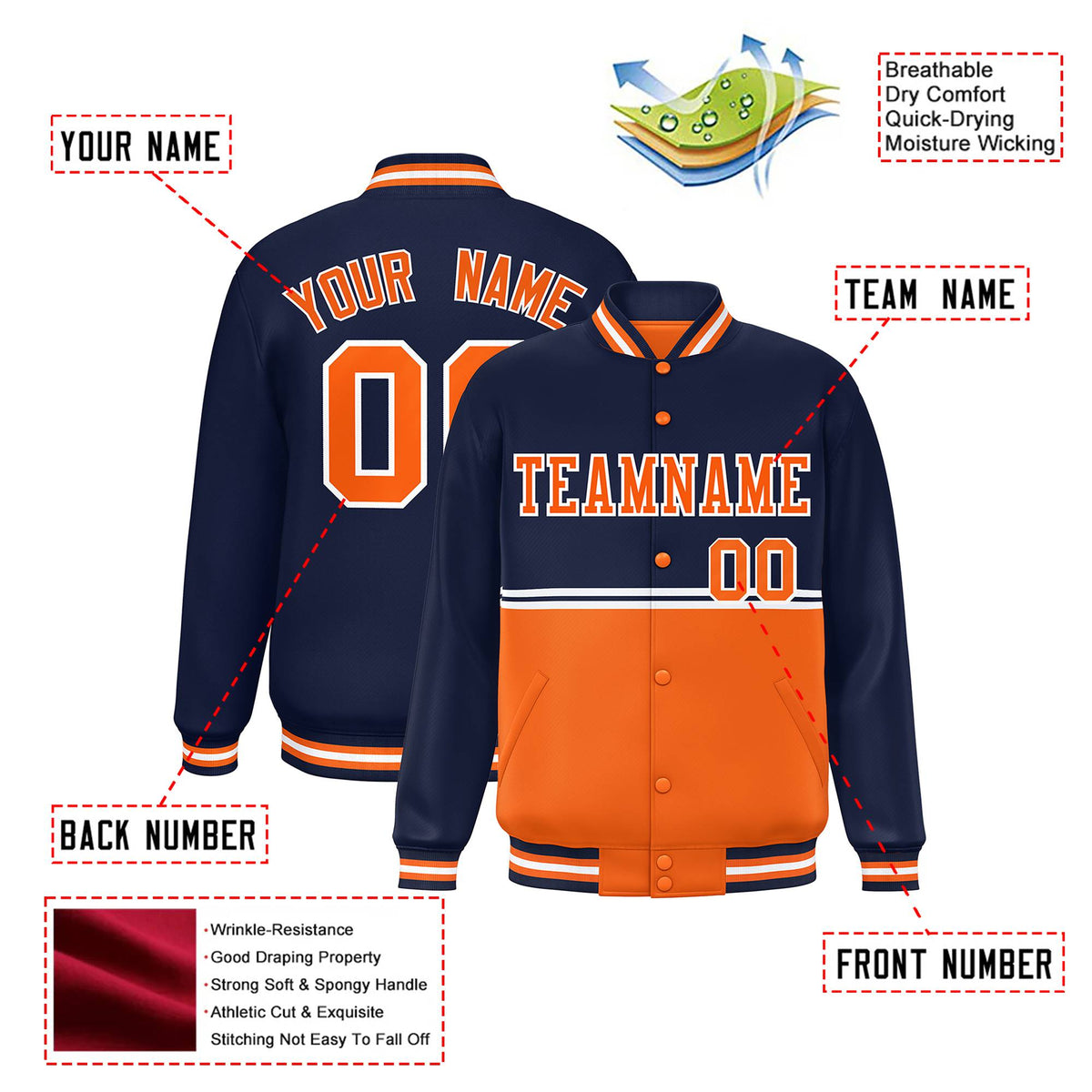 Custom Navy Orange-Navy Varsity Full-Snap Letterman Color-Matching Split Fashion Jacket