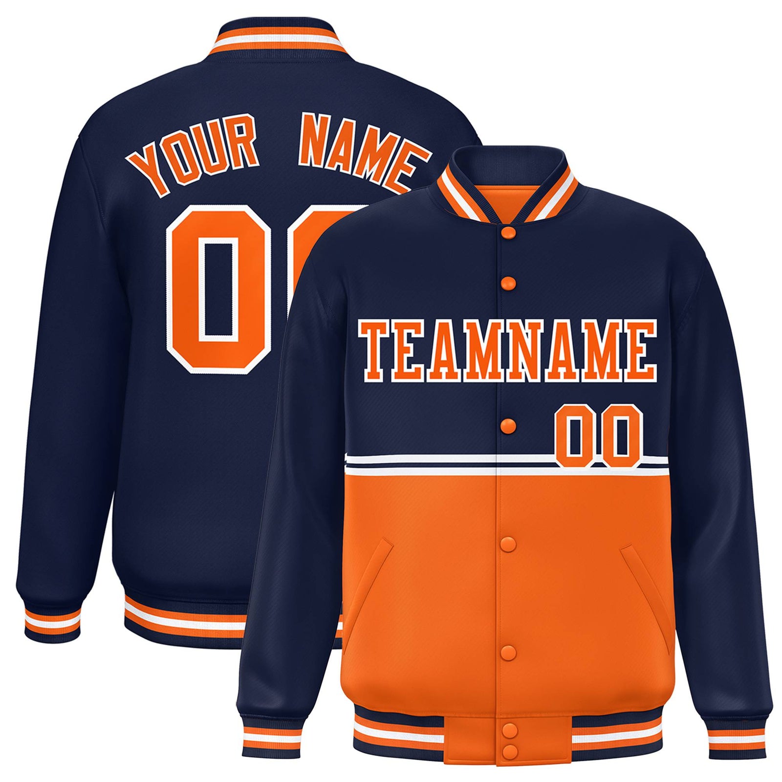 Custom Navy Orange-Navy Varsity Full-Snap Letterman Color-Matching Split Fashion Jacket