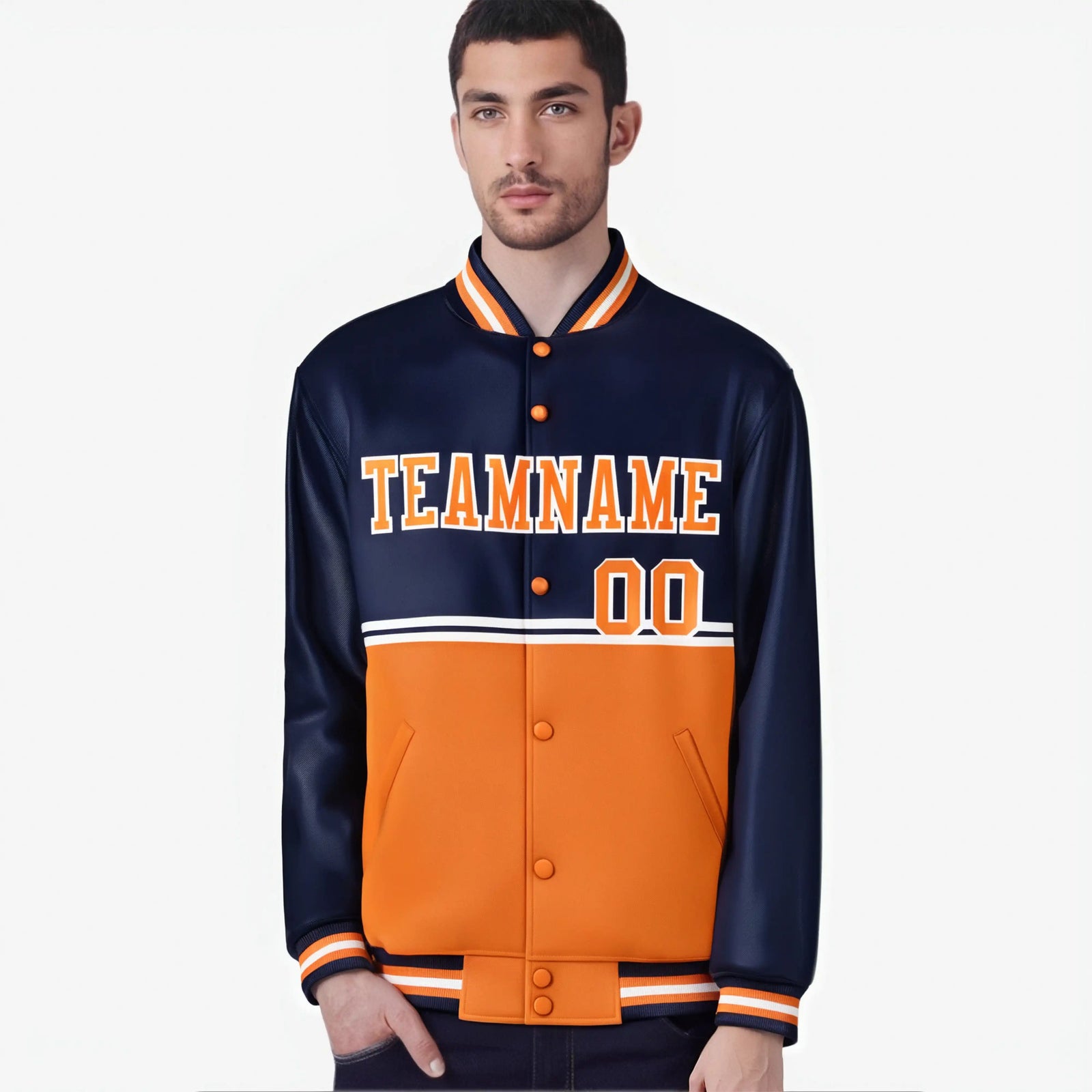 Custom Navy Orange-Navy Varsity Full-Snap Letterman Color-Matching Split Fashion Jacket