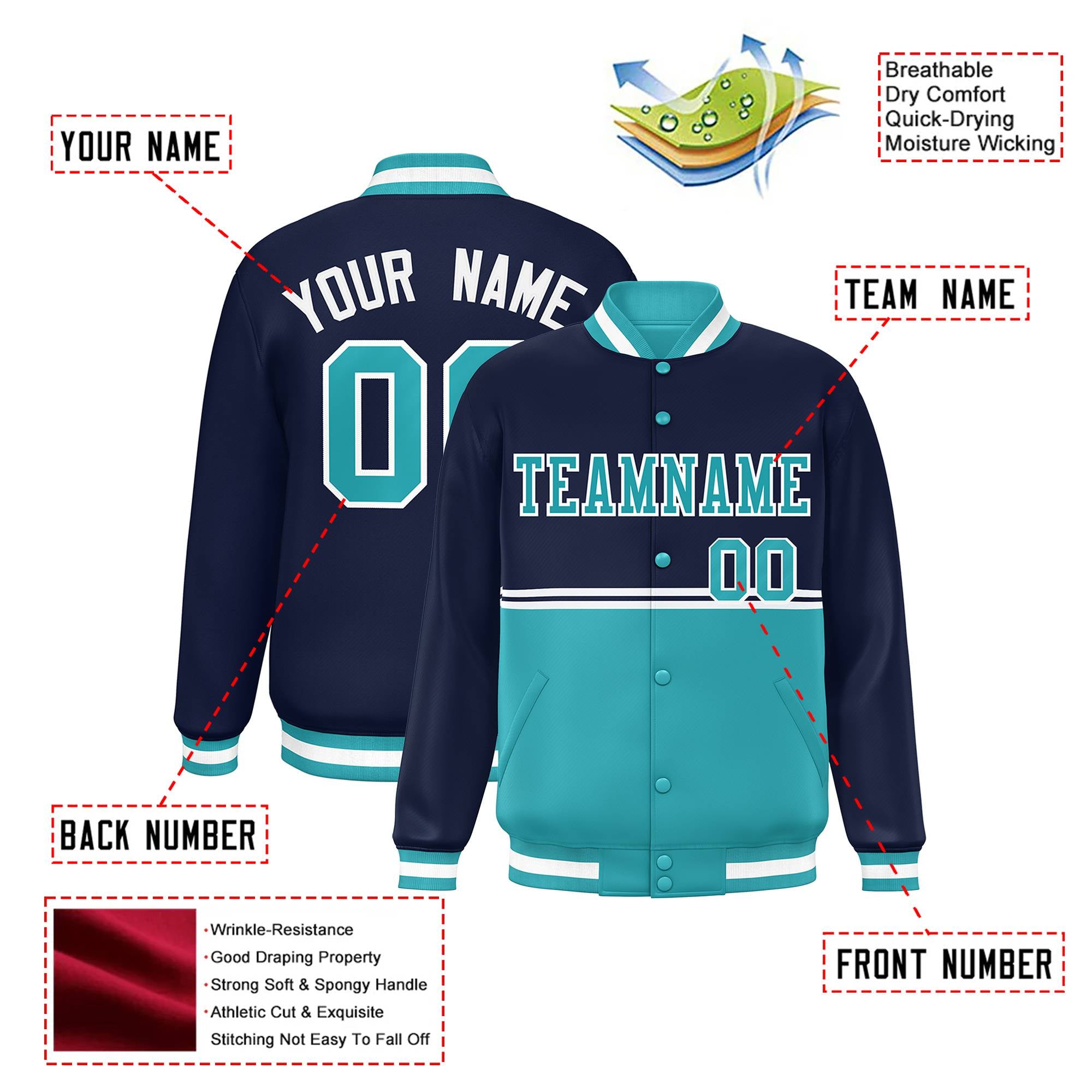 Custom Navy Aqua-Navy Varsity Full-Snap Letterman Color-Matching Split Fashion Jacket