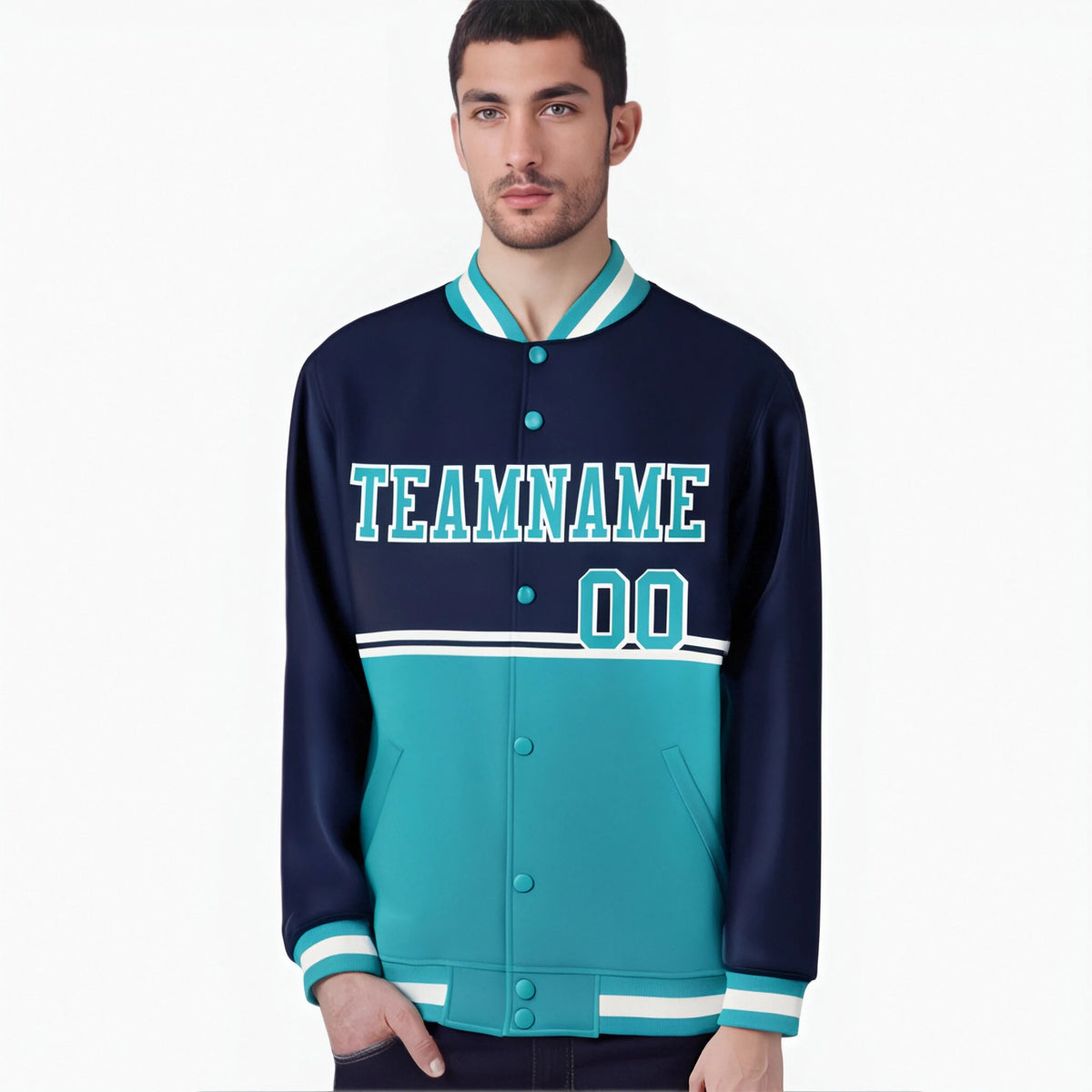 Custom Navy Aqua-Navy Varsity Full-Snap Letterman Color-Matching Split Fashion Jacket