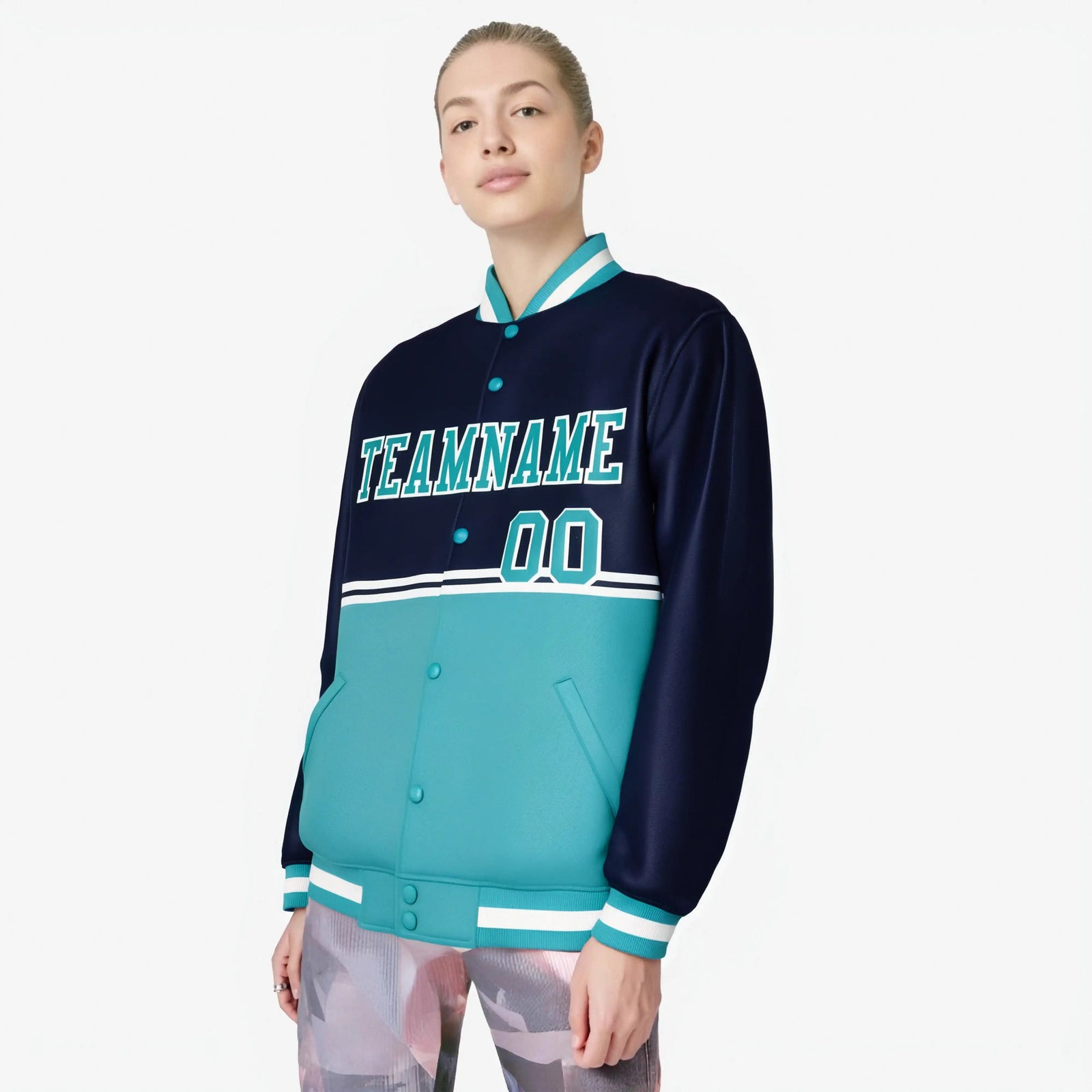 Custom Navy Aqua-Navy Varsity Full-Snap Letterman Color-Matching Split Fashion Jacket