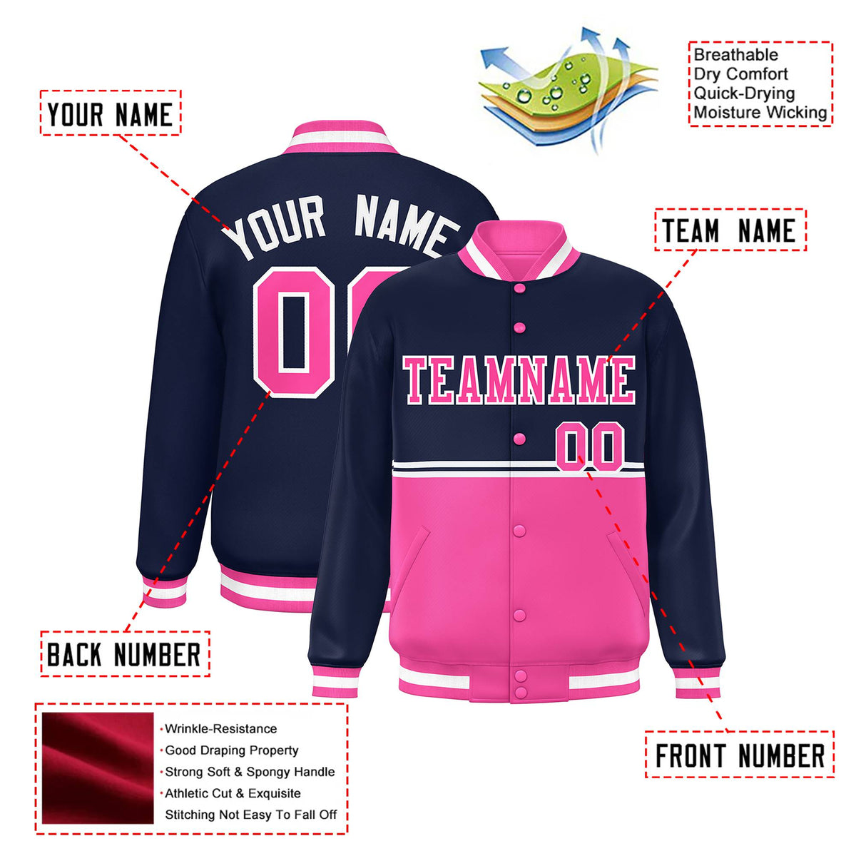 Custom Navy Pink-Navy Varsity Full-Snap Letterman Color-Matching Split Fashion Jacket