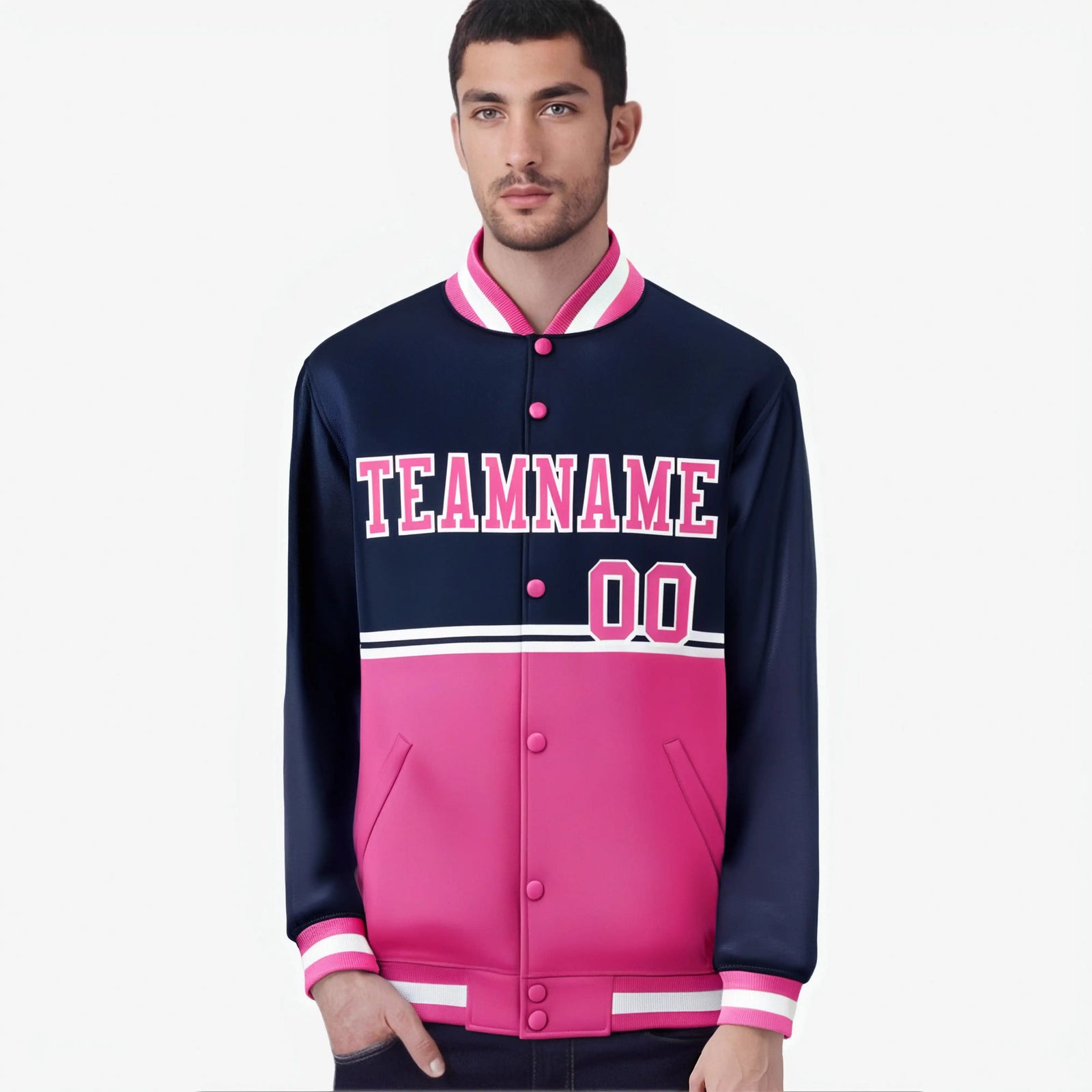 Custom Navy Pink-Navy Varsity Full-Snap Letterman Color-Matching Split Fashion Jacket