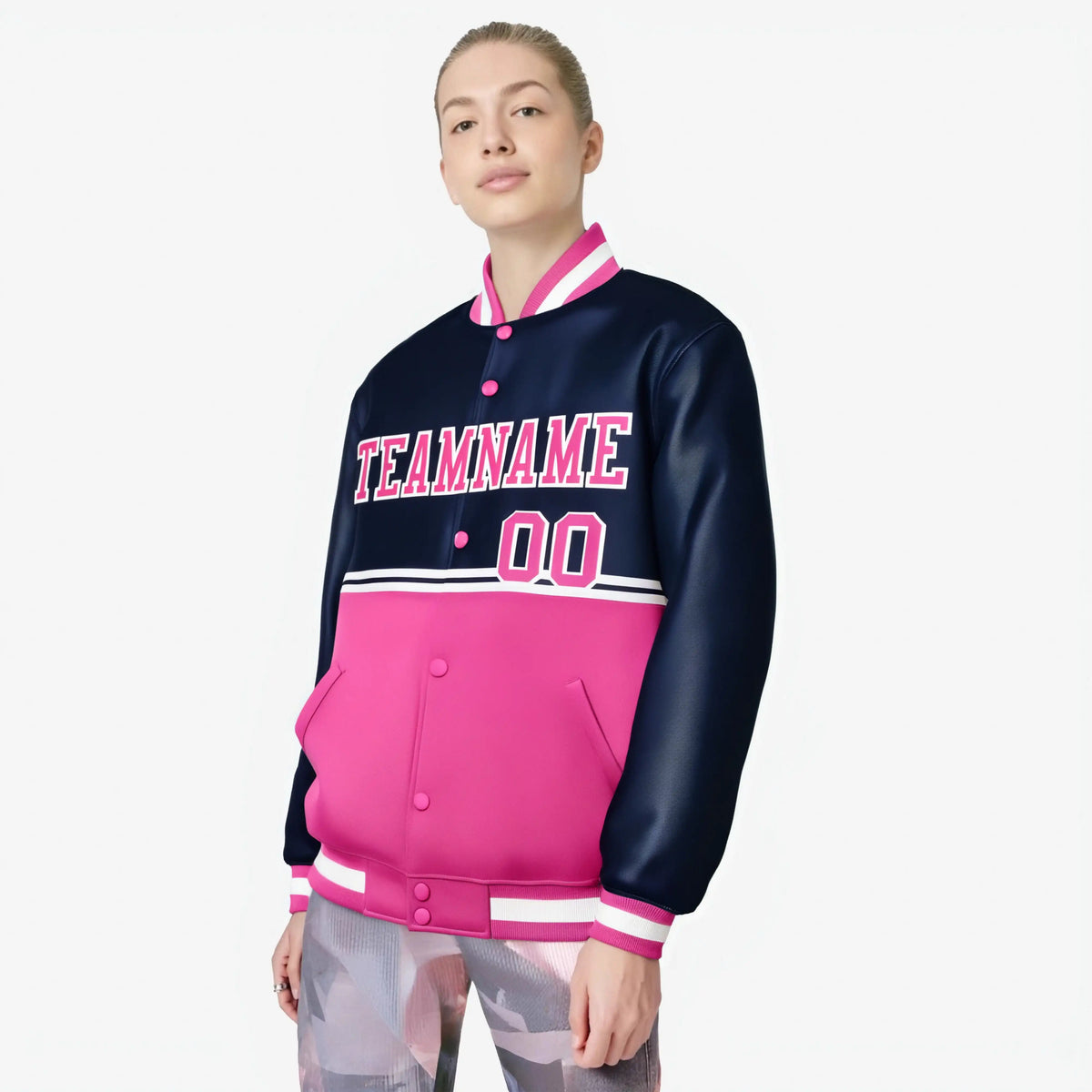 Custom Navy Pink-Navy Varsity Full-Snap Letterman Color-Matching Split Fashion Jacket