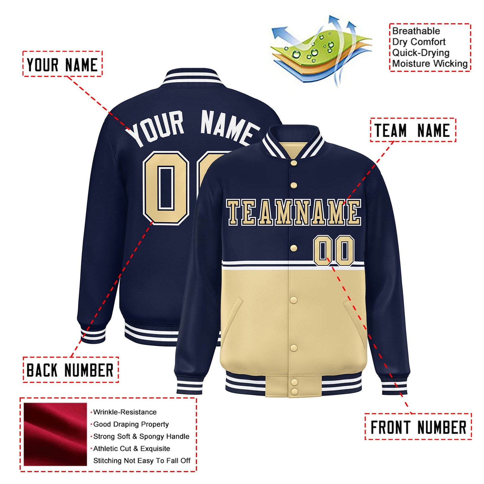 Custom Navy Cream-Navy Varsity Full-Snap Letterman Color-Matching Split Fashion Jacket