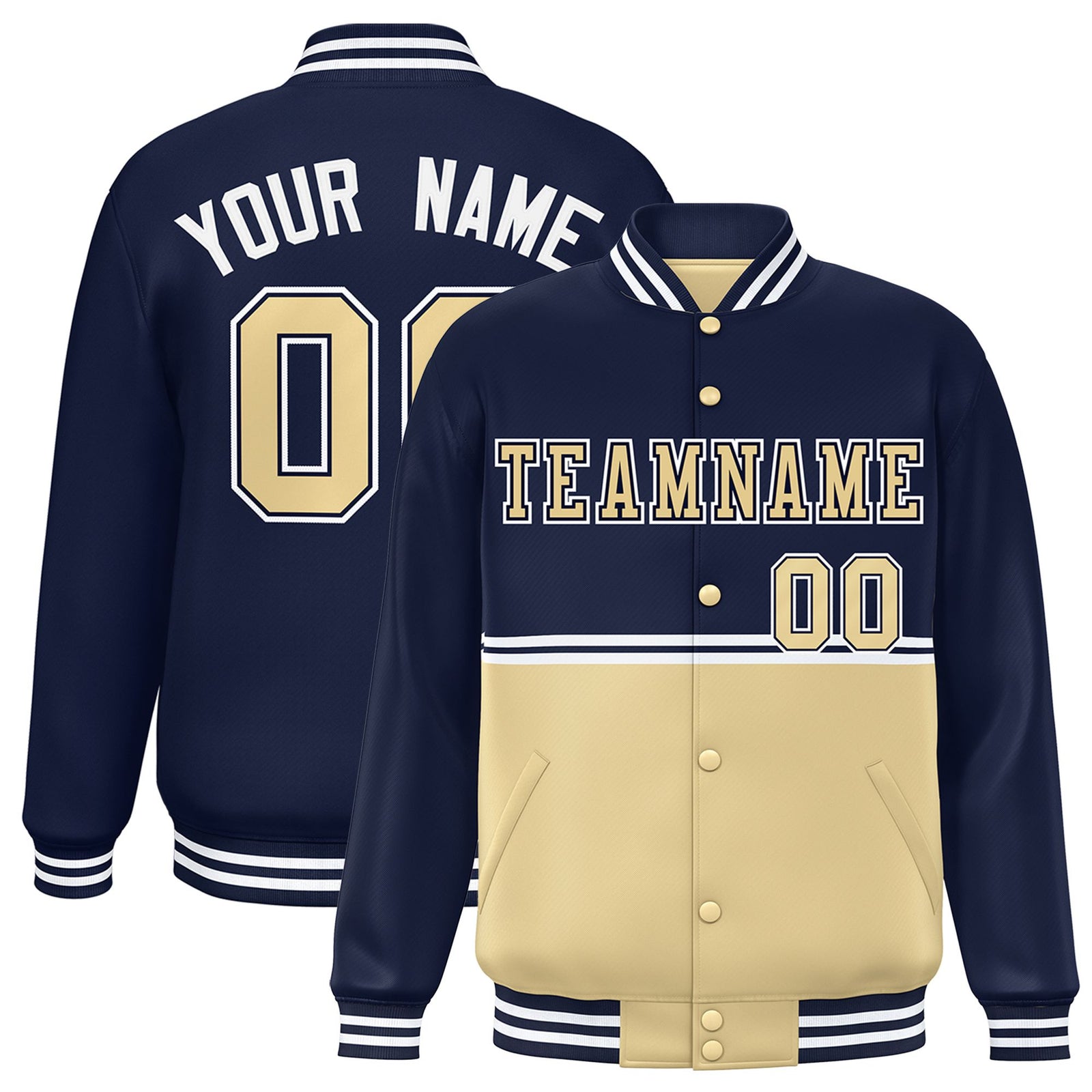 Custom Navy Cream-Navy Varsity Full-Snap Letterman Color-Matching Split Fashion Jacket