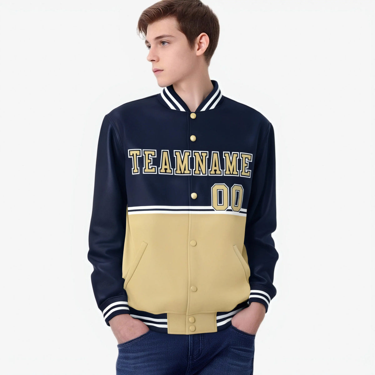 Custom Navy Cream-Navy Varsity Full-Snap Letterman Color-Matching Split Fashion Jacket