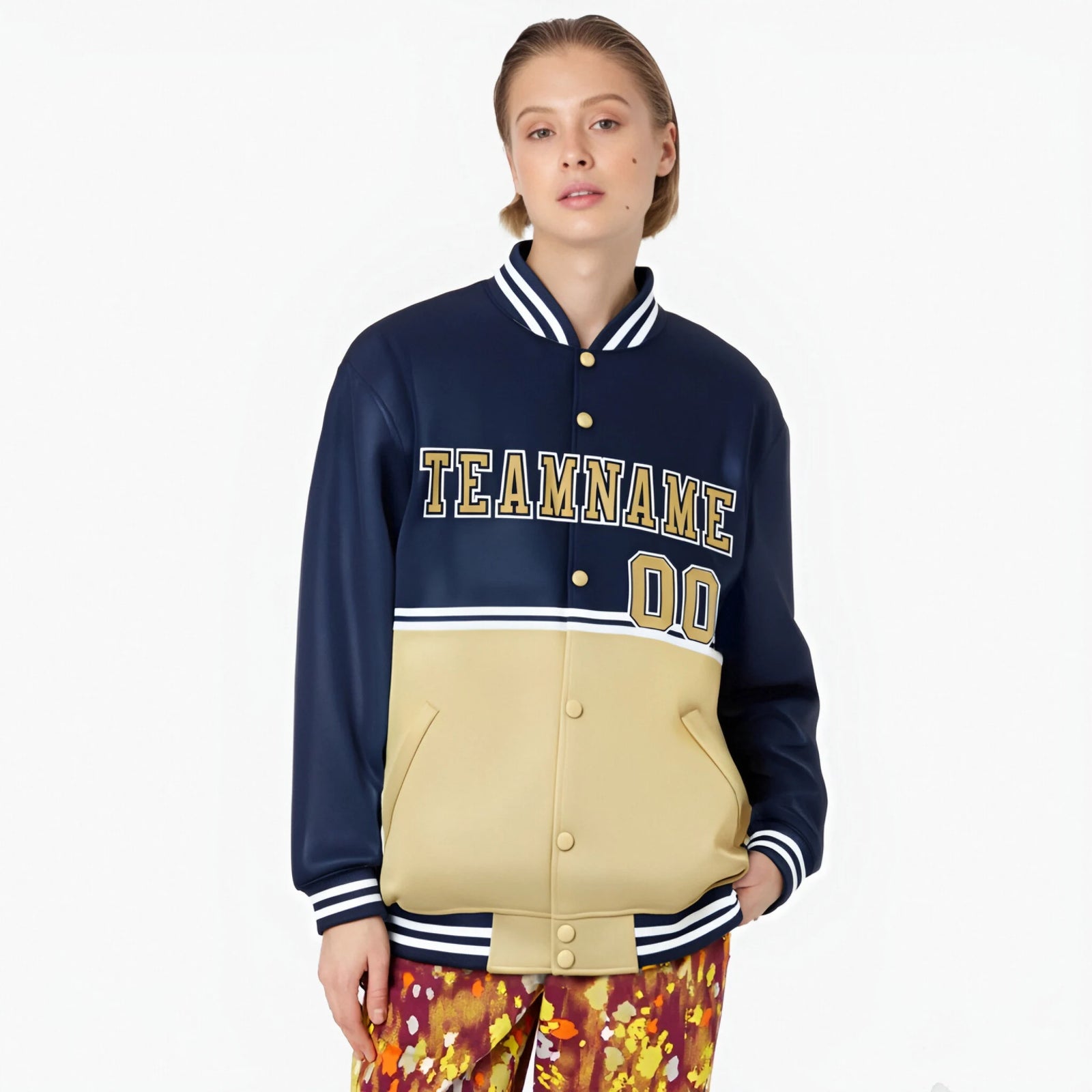 Custom Navy Cream-Navy Varsity Full-Snap Letterman Color-Matching Split Fashion Jacket
