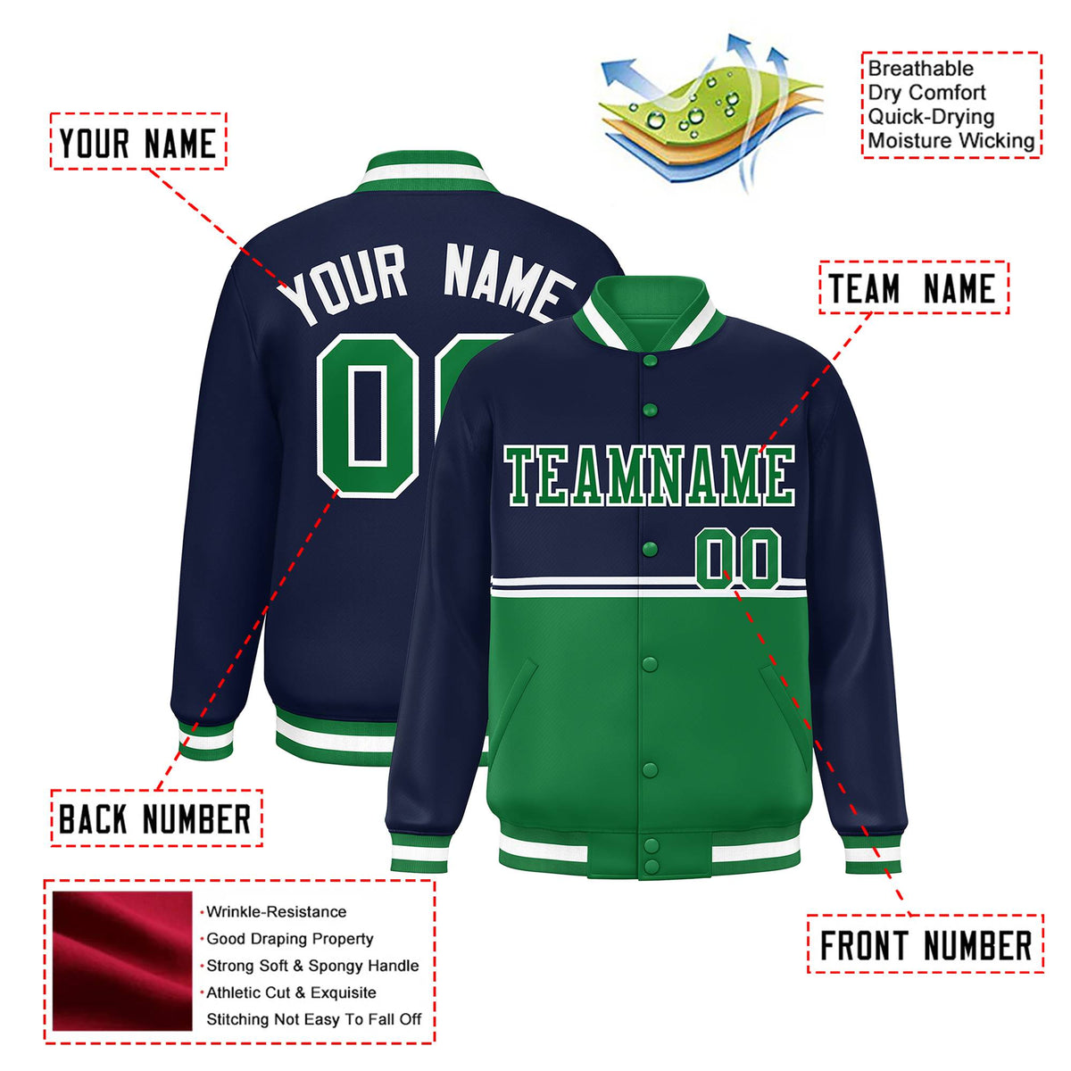 Custom Navy Kelly Green-Navy Varsity Full-Snap Letterman Color-Matching Split Fashion Jacket