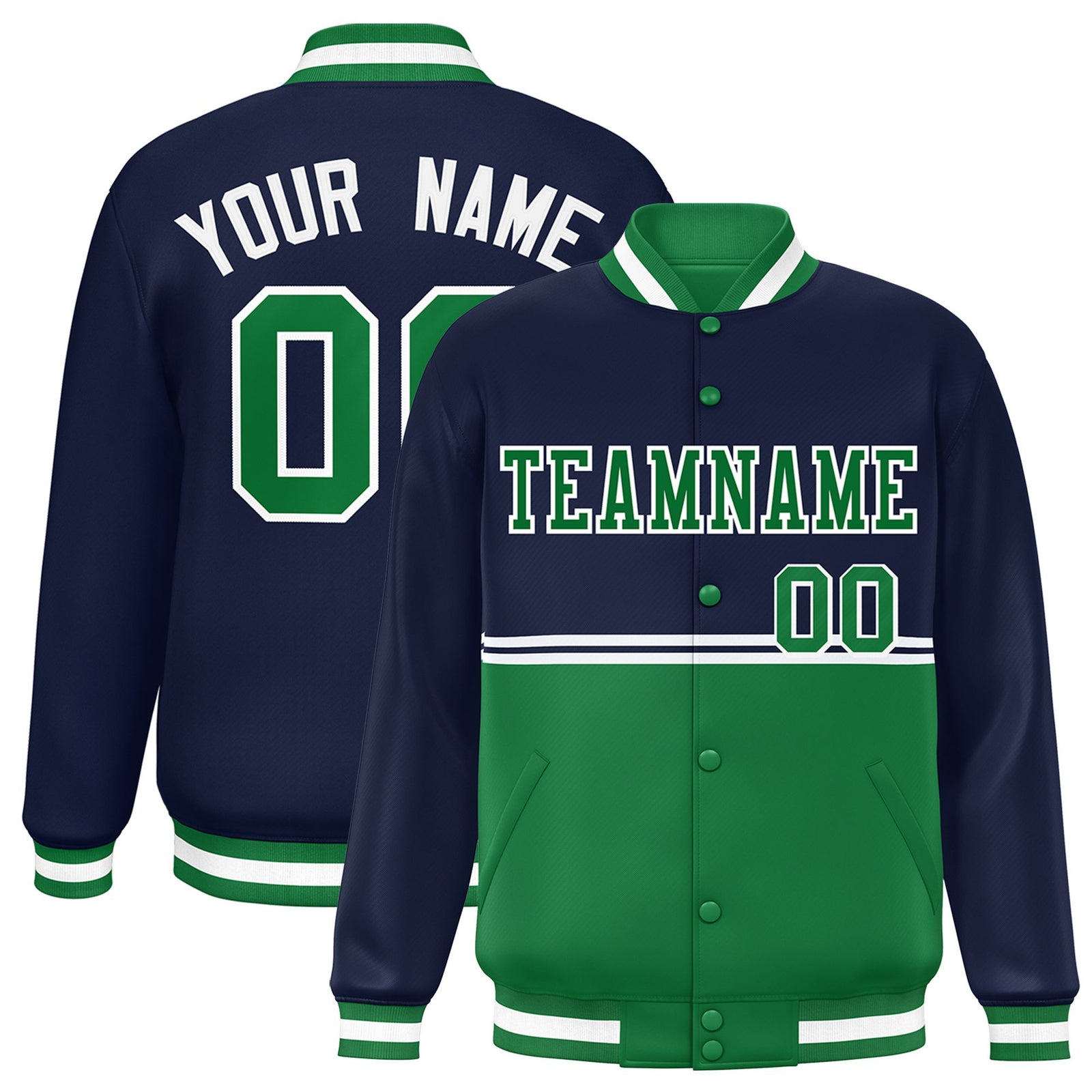 Custom Navy Kelly Green-Navy Varsity Full-Snap Letterman Color-Matching Split Fashion Jacket
