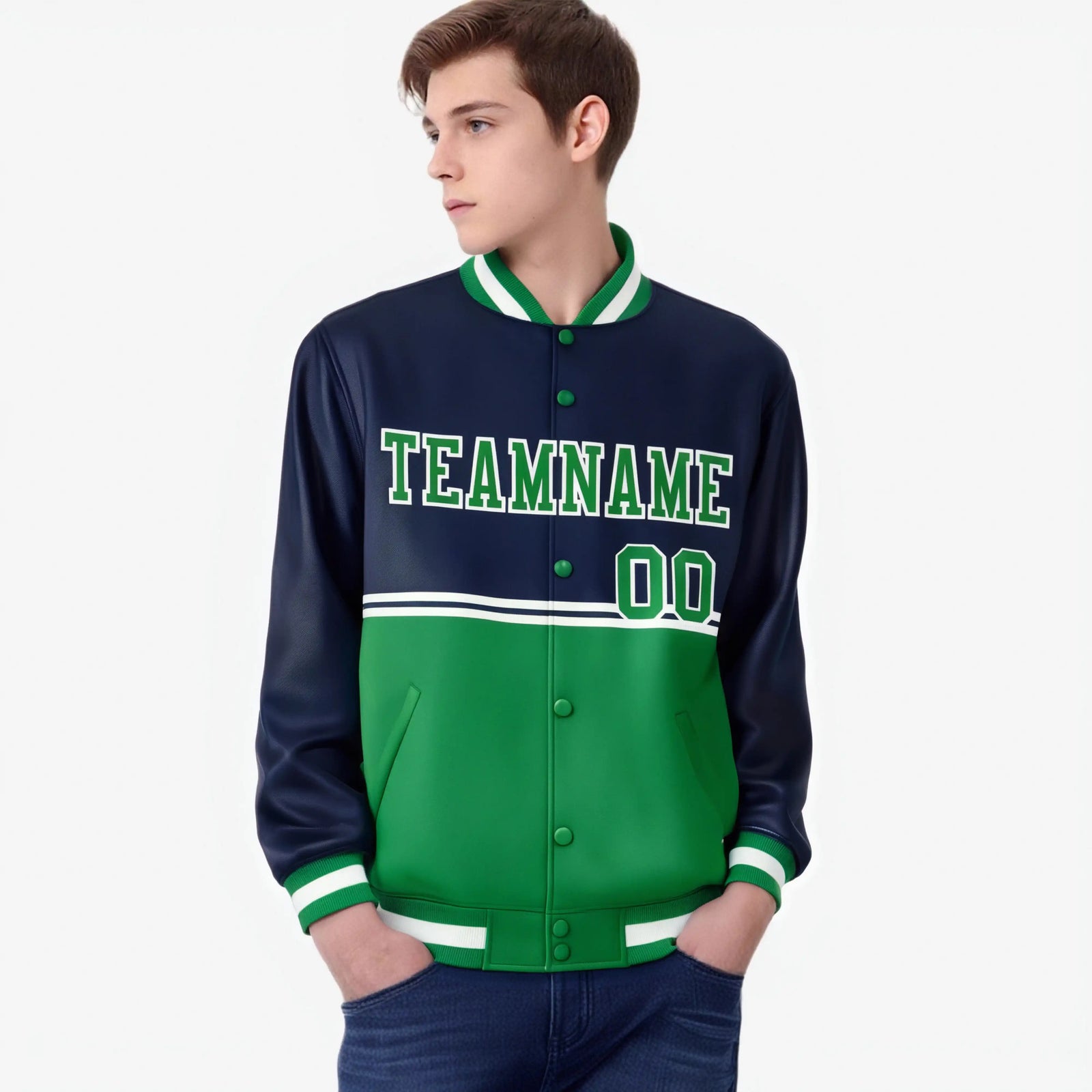 Custom Navy Kelly Green-Navy Varsity Full-Snap Letterman Color-Matching Split Fashion Jacket