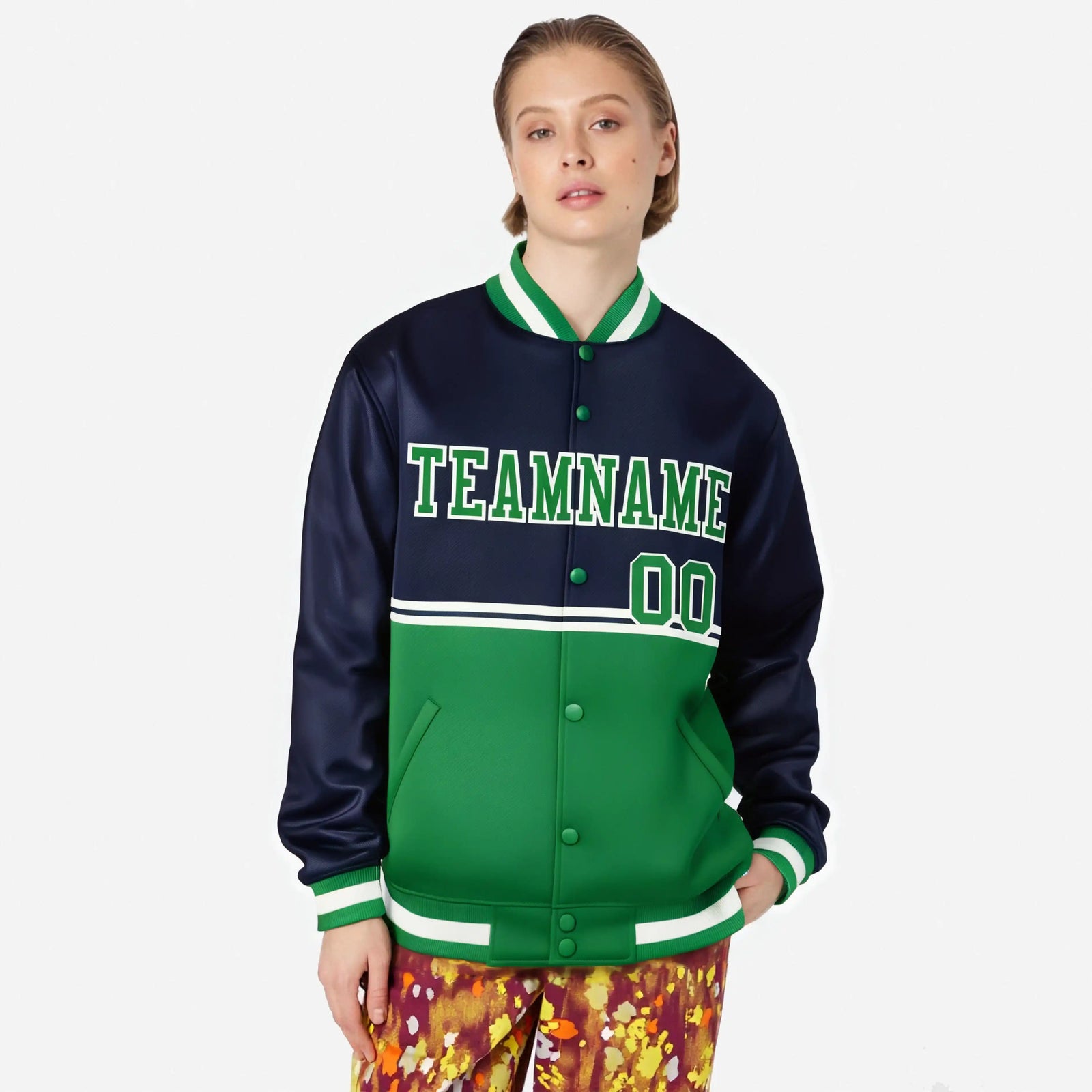 Custom Navy Kelly Green-Navy Varsity Full-Snap Letterman Color-Matching Split Fashion Jacket