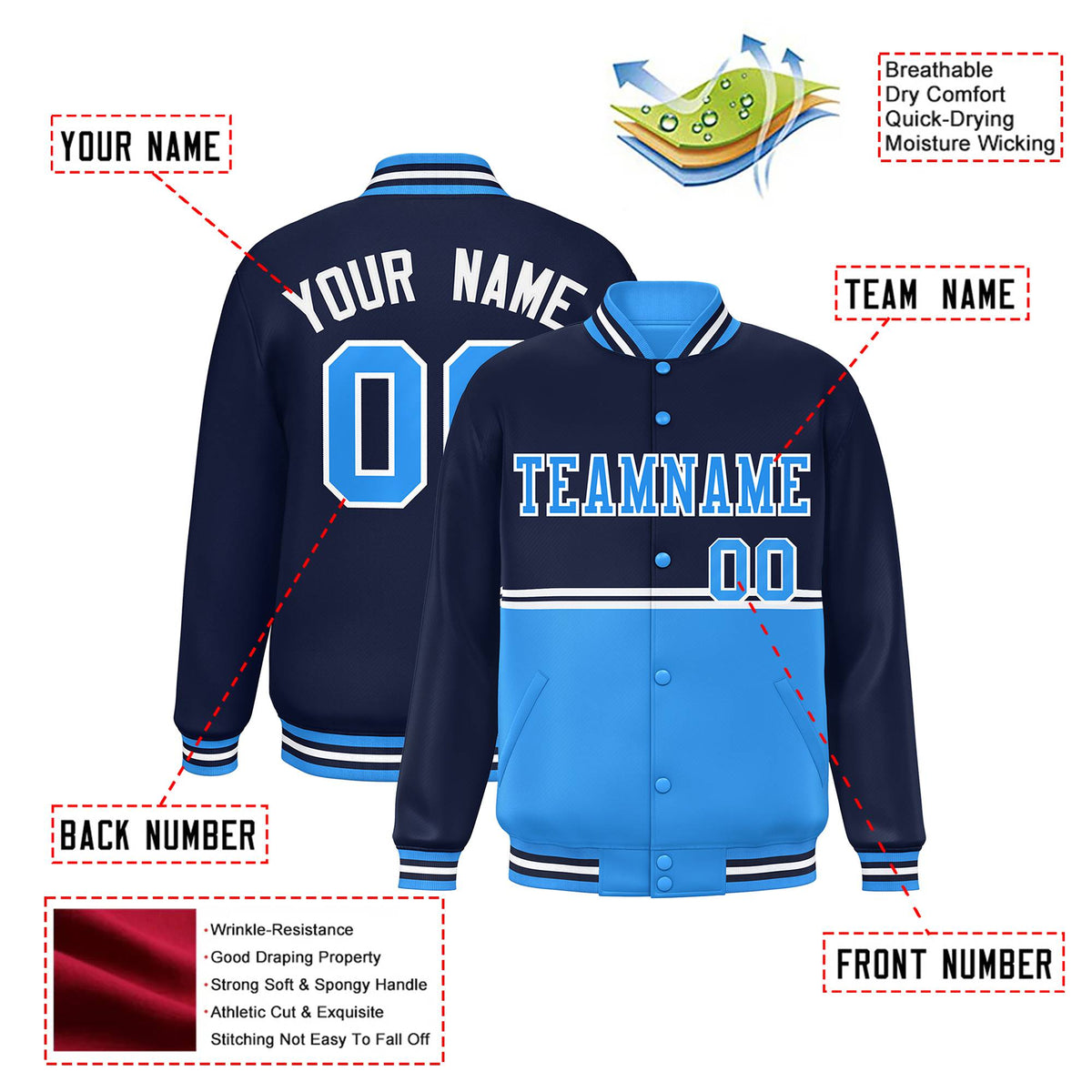 Custom Navy Powder Blue-Navy Varsity Full-Snap Letterman Color-Matching Split Fashion Jacket