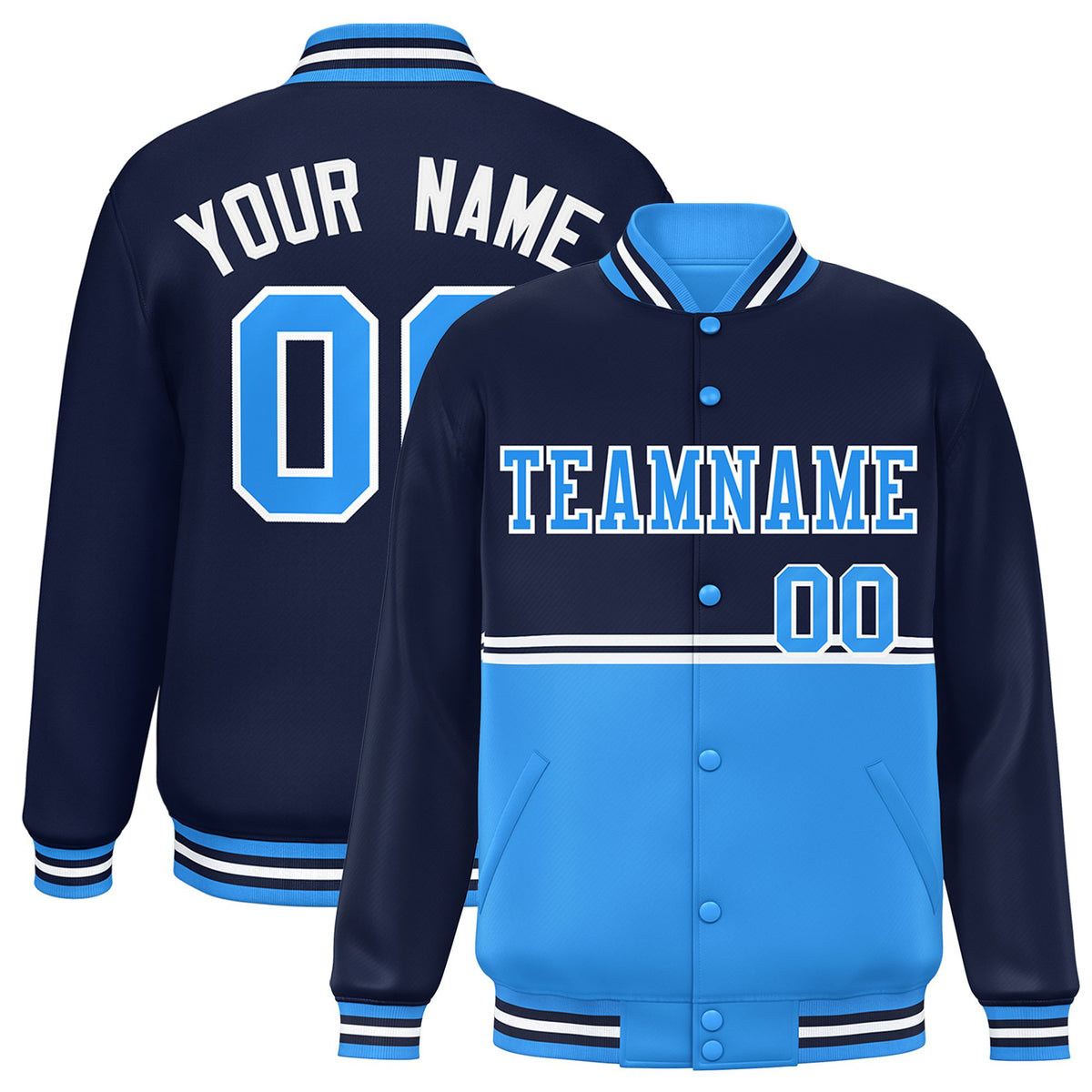 Custom Navy Powder Blue-Navy Varsity Full-Snap Letterman Color-Matching Split Fashion Jacket